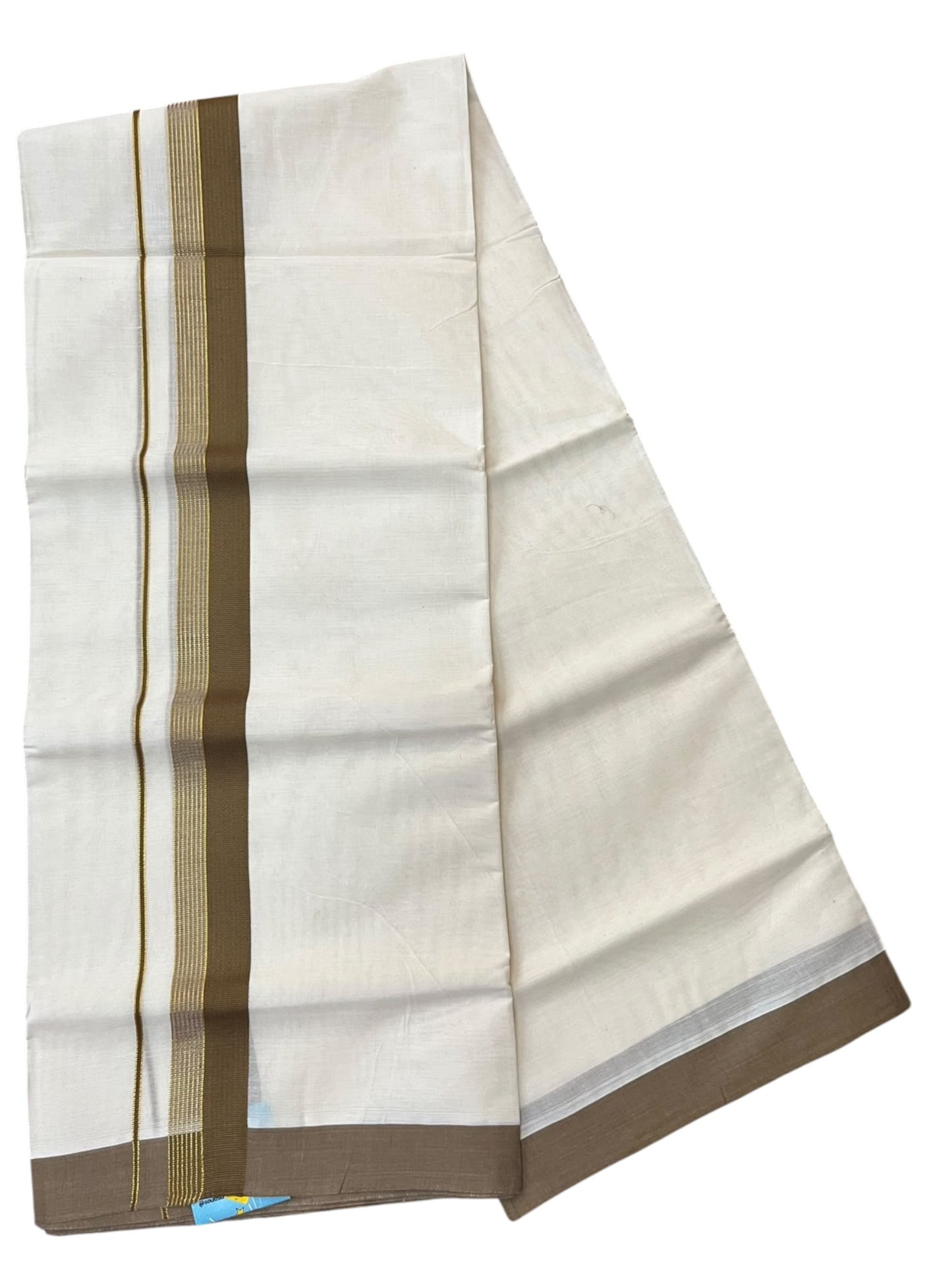 Southloom Pure Cotton Mundu with Gold Lines and Olive Green Border (South Indian Kerala Dhoti)