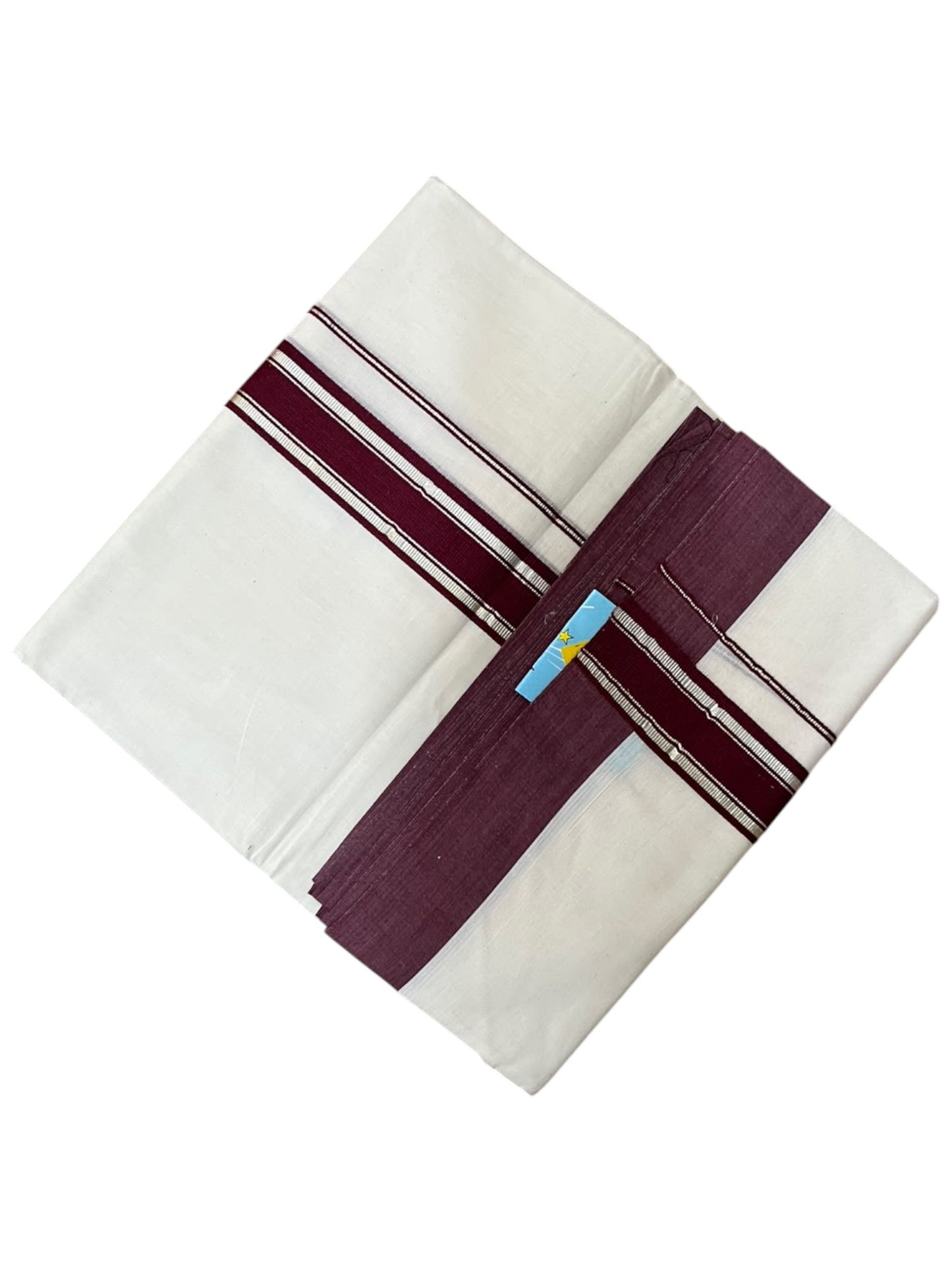 Southloom Pure Cotton Mundu with Silver Lines and Maroon Border (South Indian Kerala Dhoti)