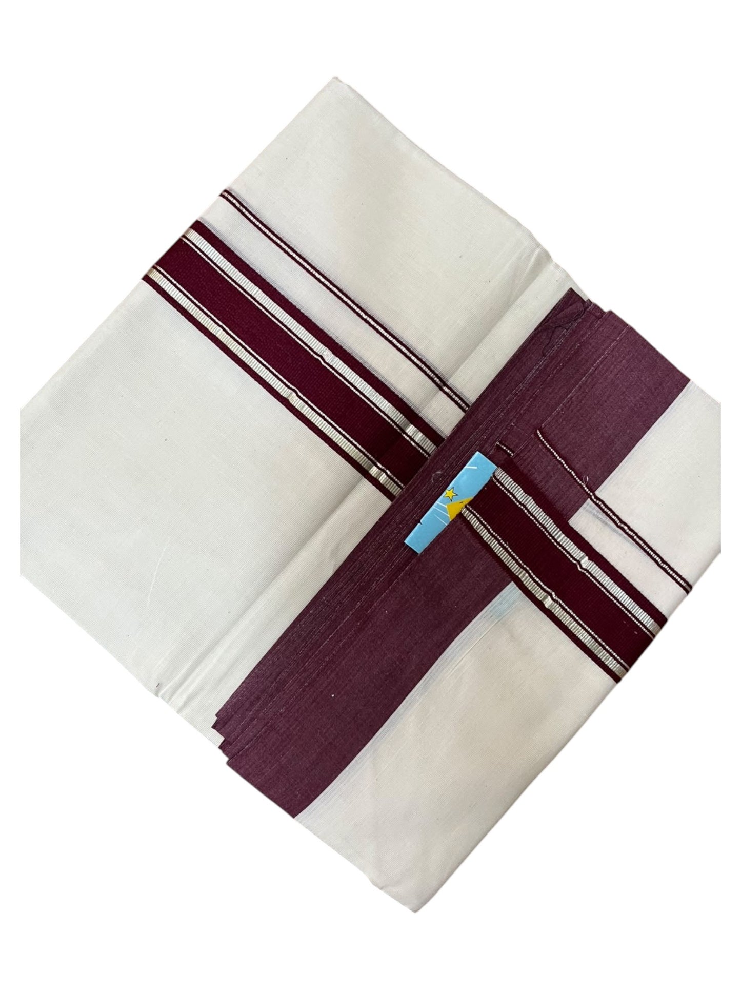 Southloom Pure Cotton Mundu with Silver Lines and Maroon Border (South Indian Kerala Dhoti)