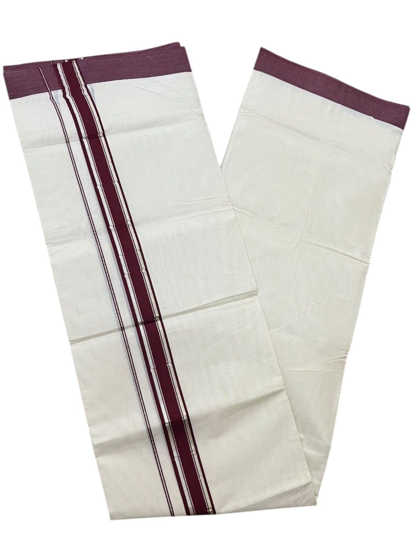 Southloom Pure Cotton Mundu with Silver Lines and Maroon Border (South Indian Kerala Dhoti)