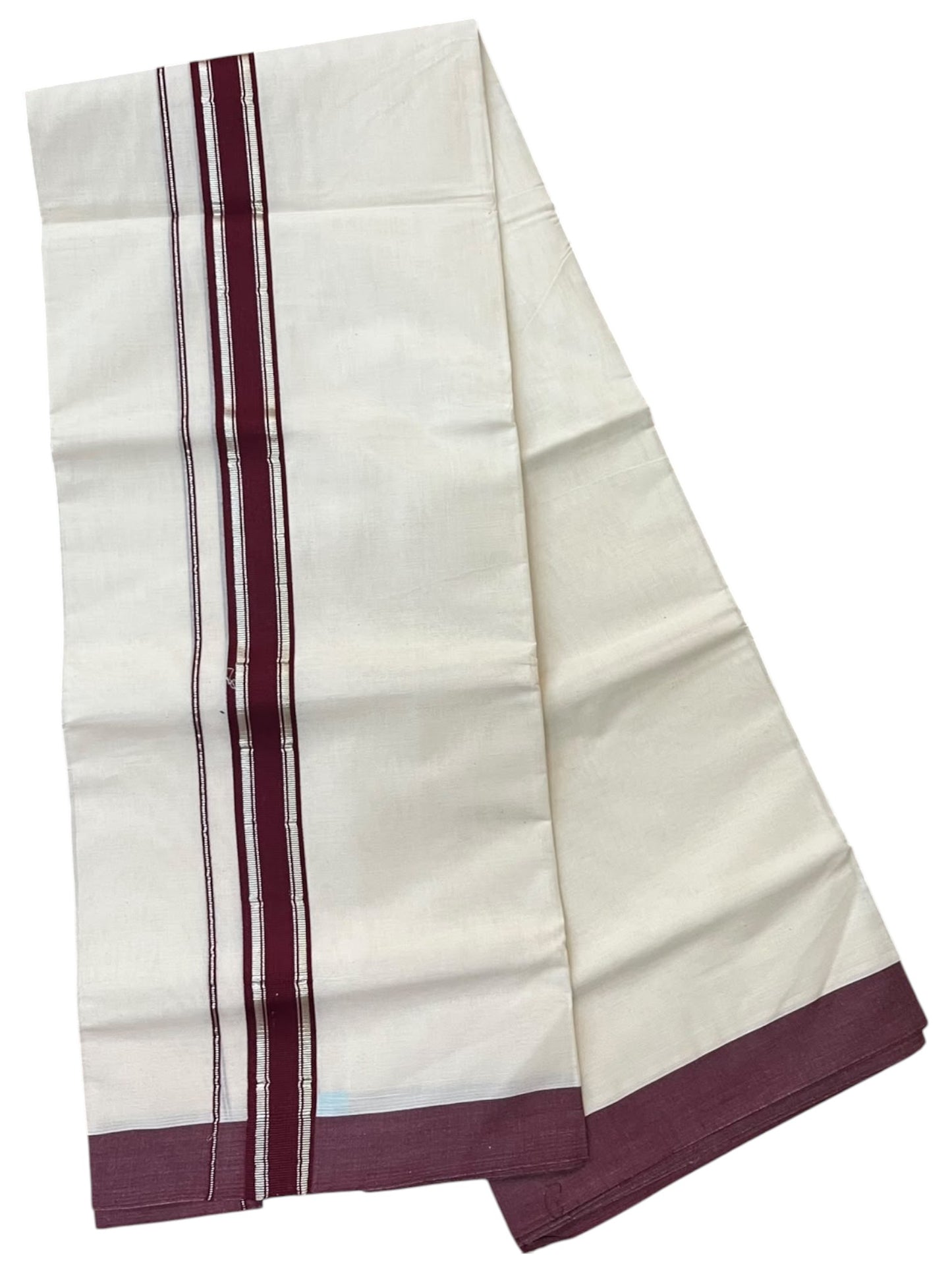Southloom Pure Cotton Mundu with Silver Lines and Maroon Border (South Indian Kerala Dhoti)