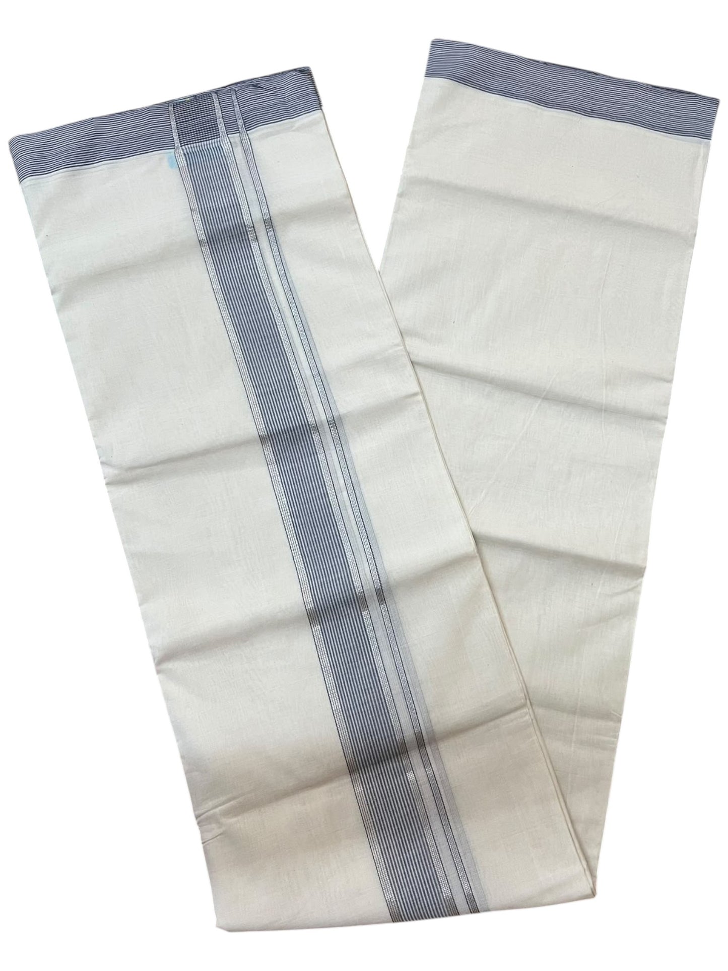 Southloom Balaramapuram Unakkupaavu Premium Handloom Cotton Double Mundu with Silver Lines and Blue Border