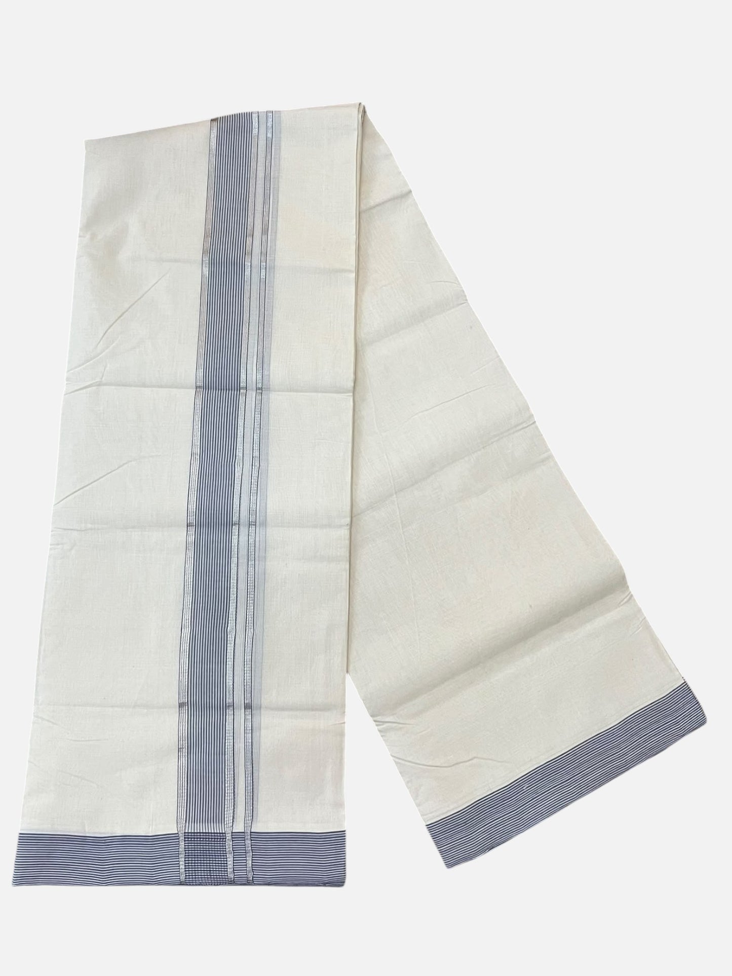 Southloom Balaramapuram Unakkupaavu Premium Handloom Cotton Double Mundu with Silver Lines and Blue Border