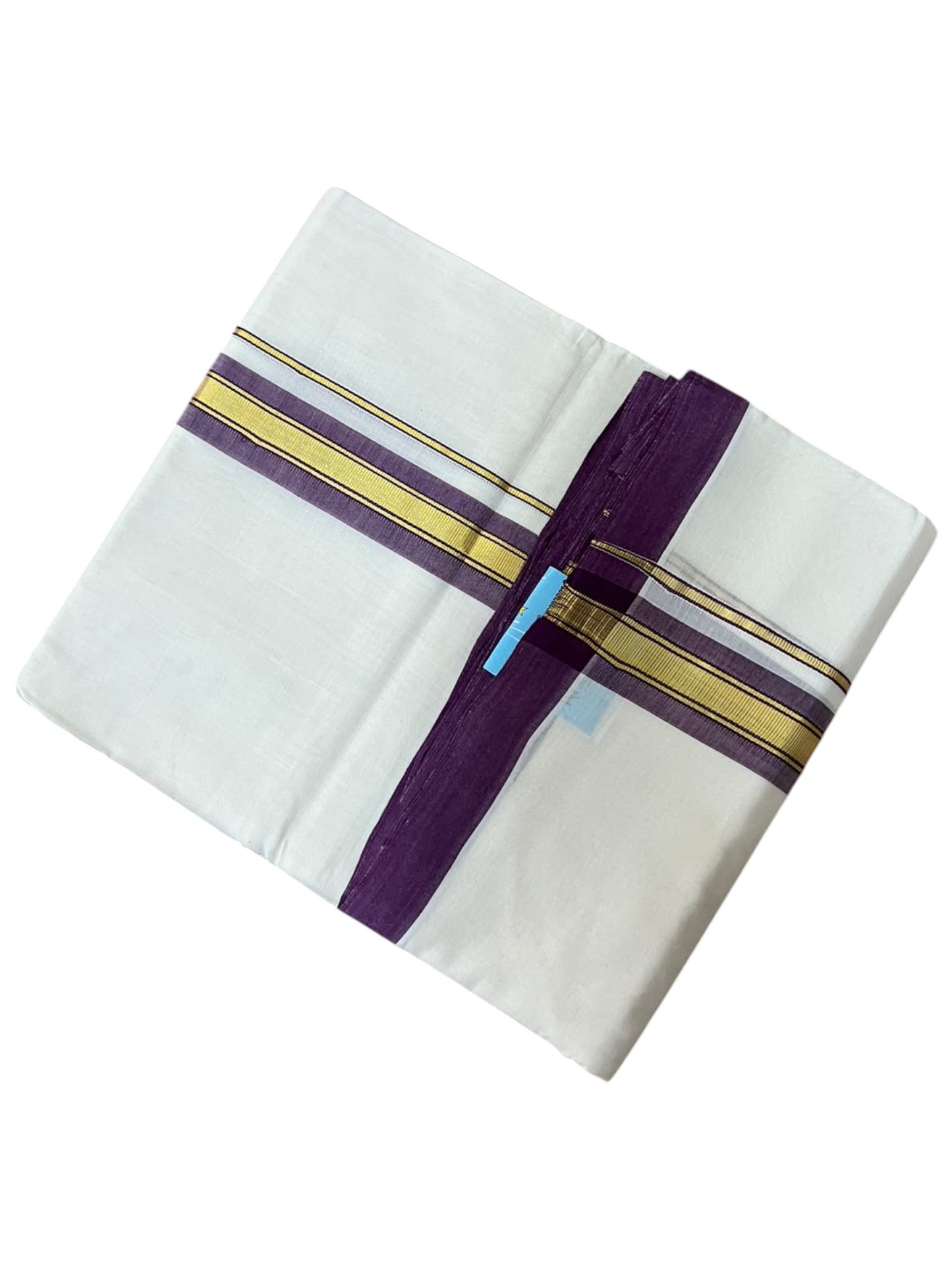 Southloom Balaramapuram Unakkupaavu Premium Handloom Cotton Double Mundu with Gold Kasavu and Purple Border