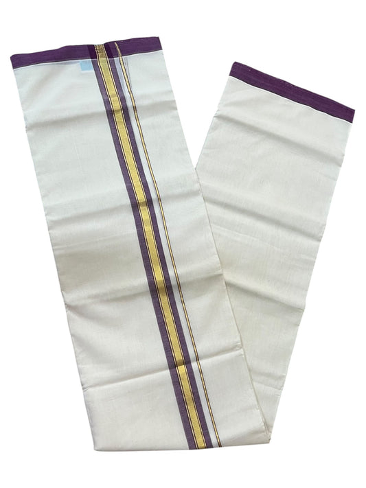 Southloom Balaramapuram Unakkupaavu Premium Handloom Cotton Double Mundu with Gold Kasavu and Purple Border