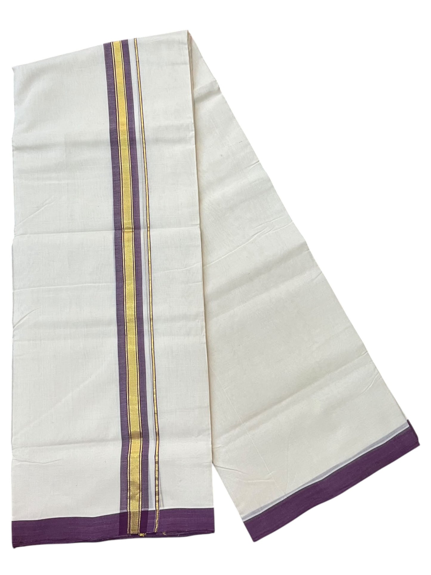 Southloom Balaramapuram Unakkupaavu Premium Handloom Cotton Double Mundu with Gold Kasavu and Purple Border