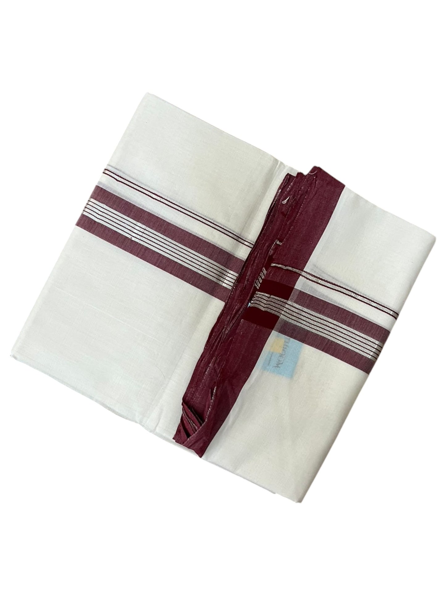 Southloom Balaramapuram Unakkupaavu Premium Handloom Cotton Double Mundu with Silver Lines and Maroon Border