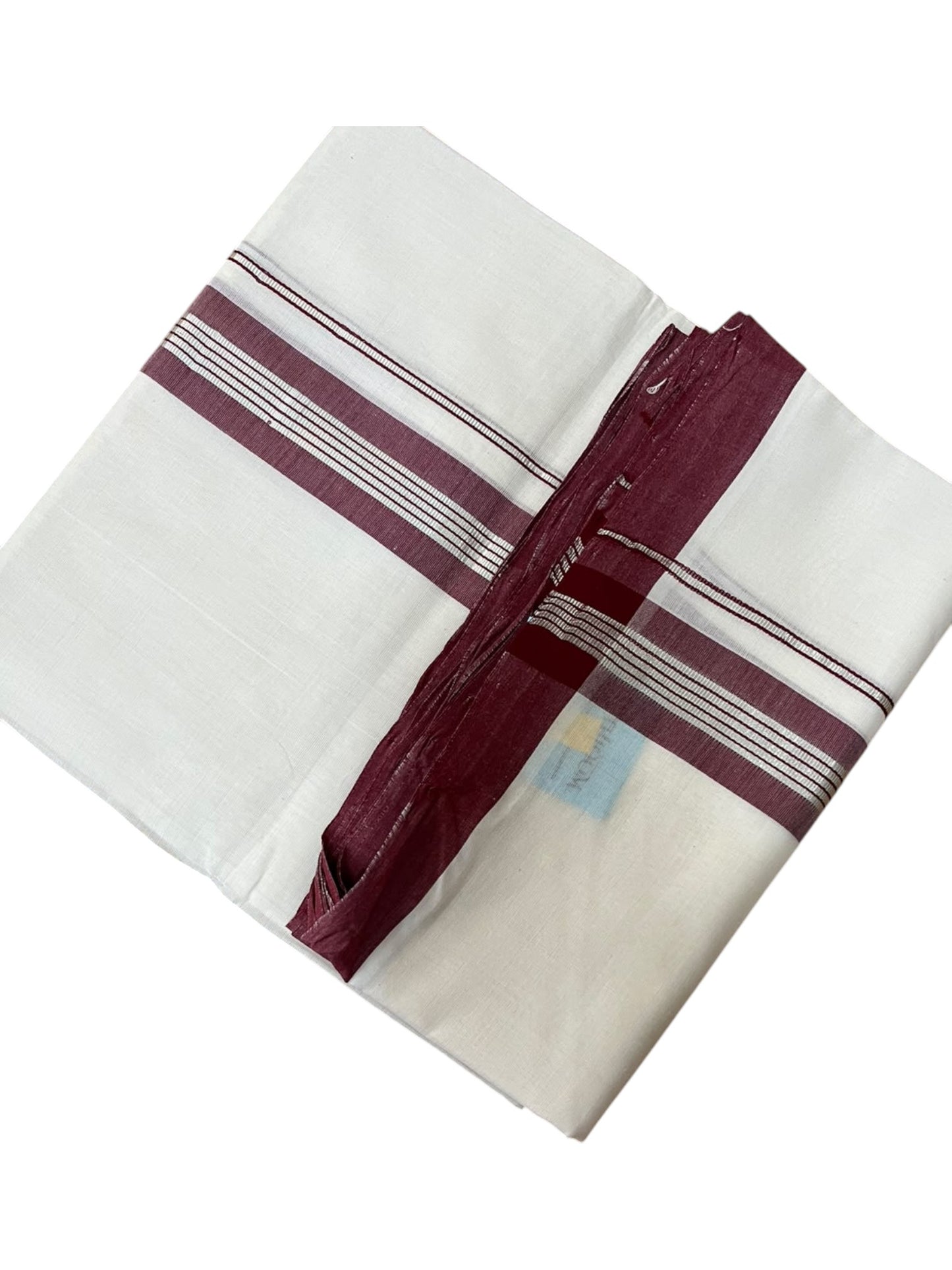 Southloom Balaramapuram Unakkupaavu Premium Handloom Cotton Double Mundu with Silver Lines and Maroon Border