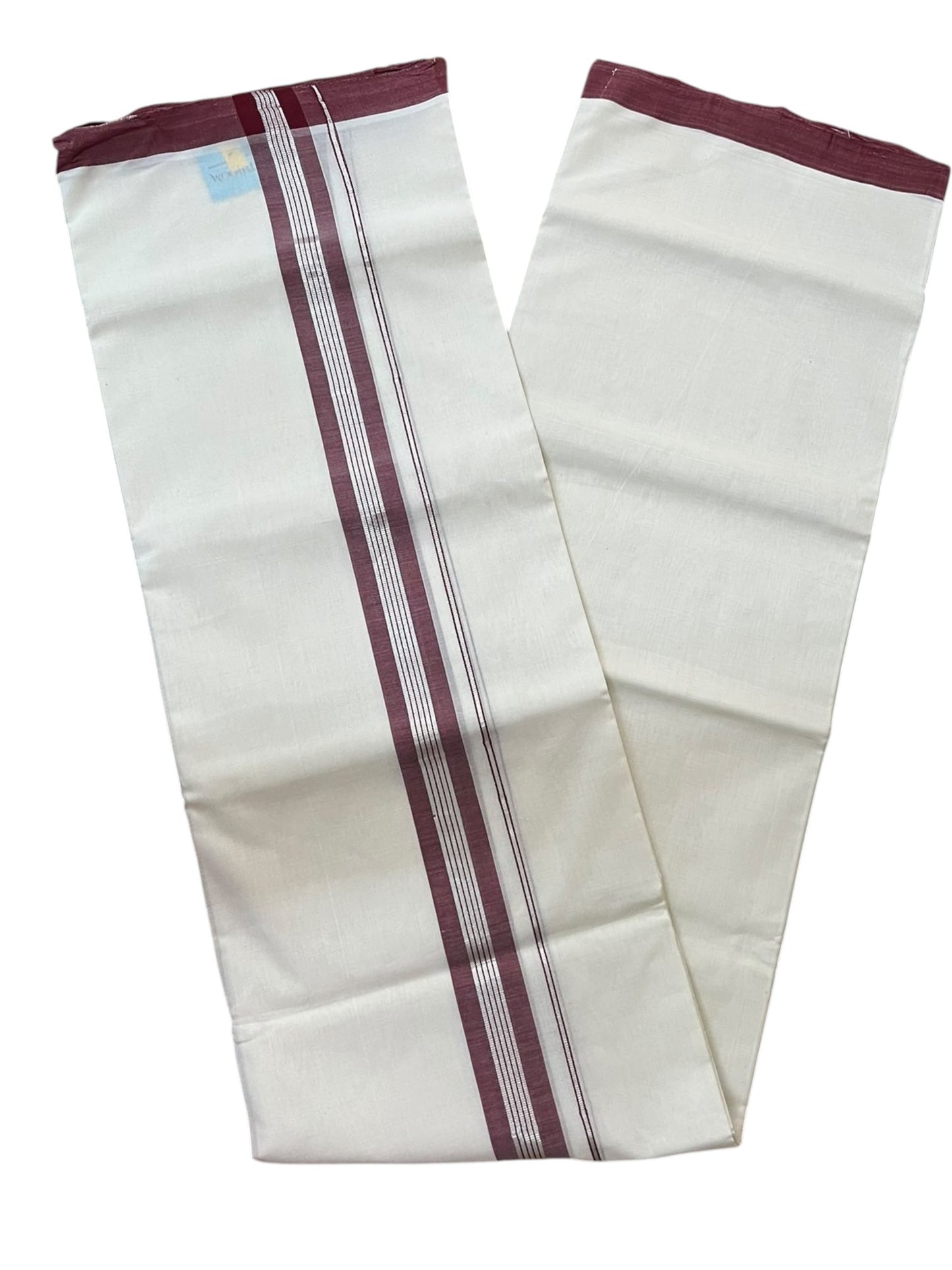 Southloom Balaramapuram Unakkupaavu Premium Handloom Cotton Double Mundu with Silver Lines and Maroon Border