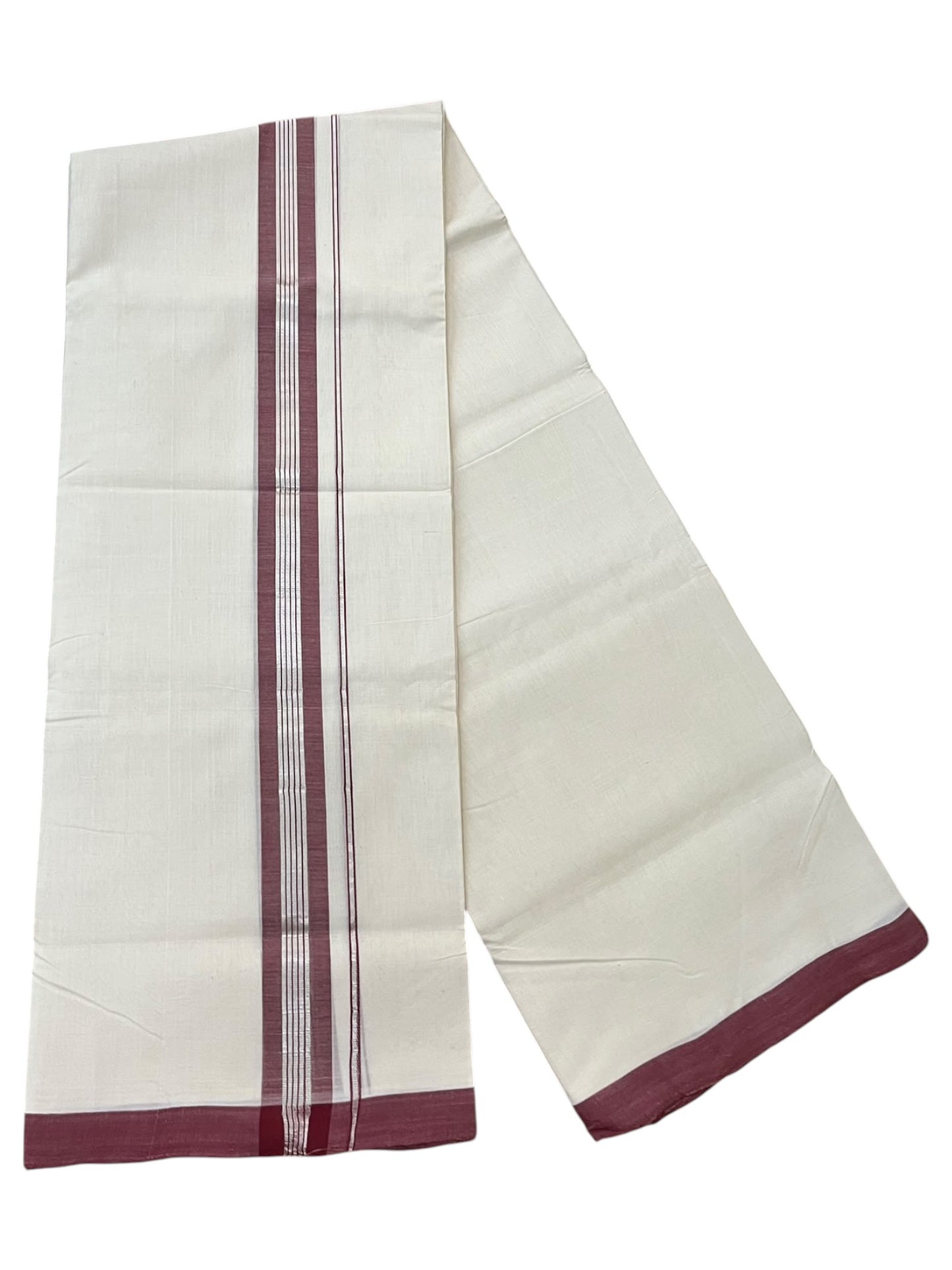 Southloom Balaramapuram Unakkupaavu Premium Handloom Cotton Double Mundu with Silver Lines and Maroon Border
