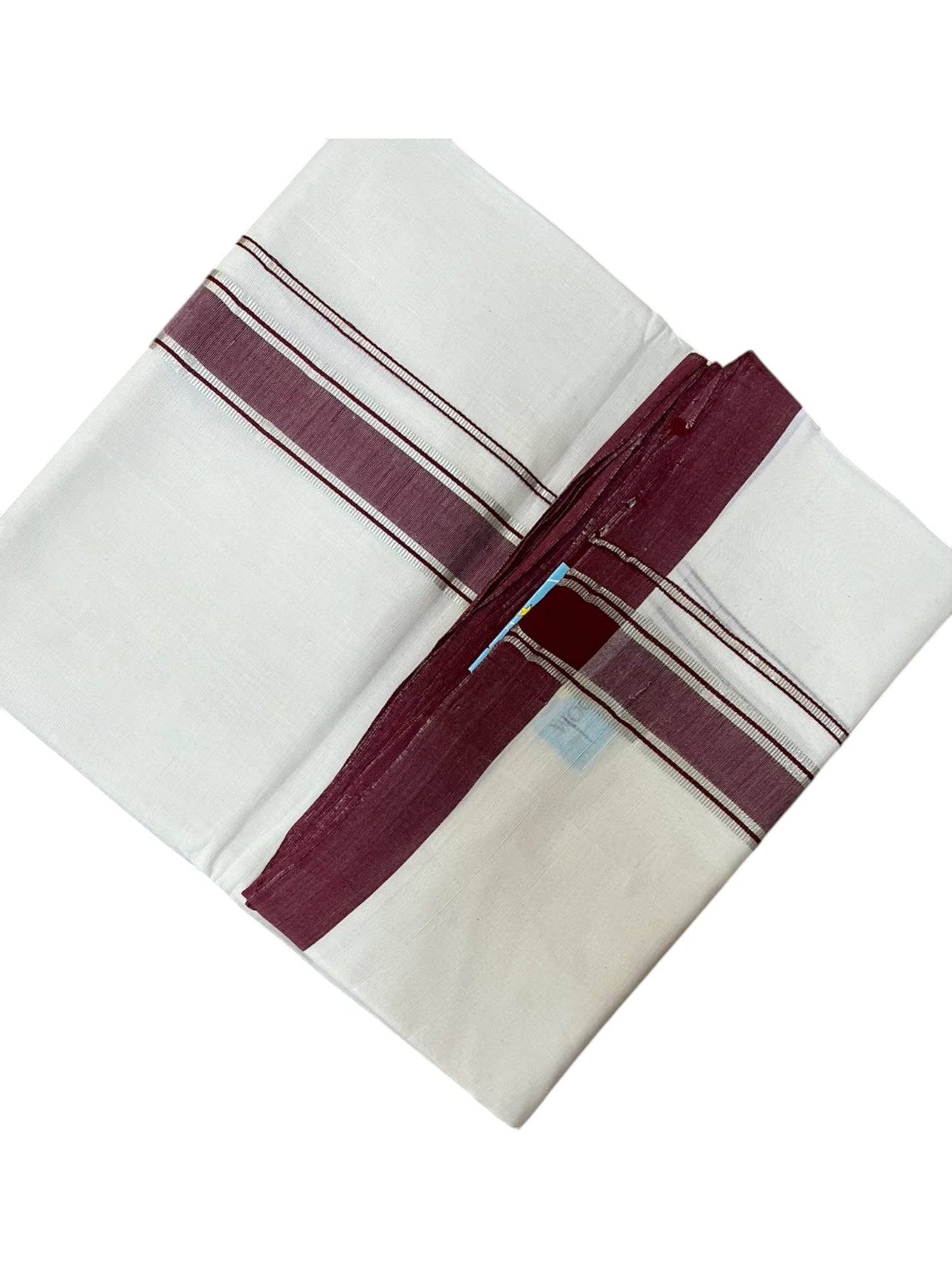 Southloom Balaramapuram Unakkupaavu Premium Handloom Cotton Double Mundu with Silver Lines and Maroon Border