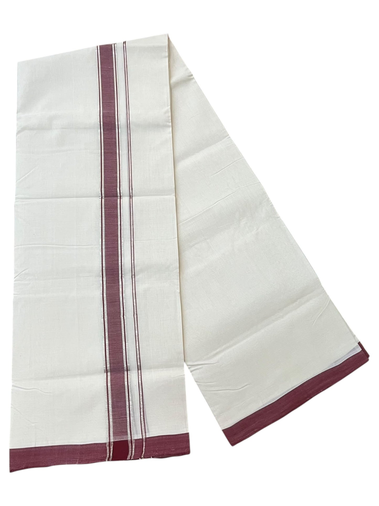 Southloom Balaramapuram Unakkupaavu Premium Handloom Cotton Double Mundu with Silver Lines and Maroon Border