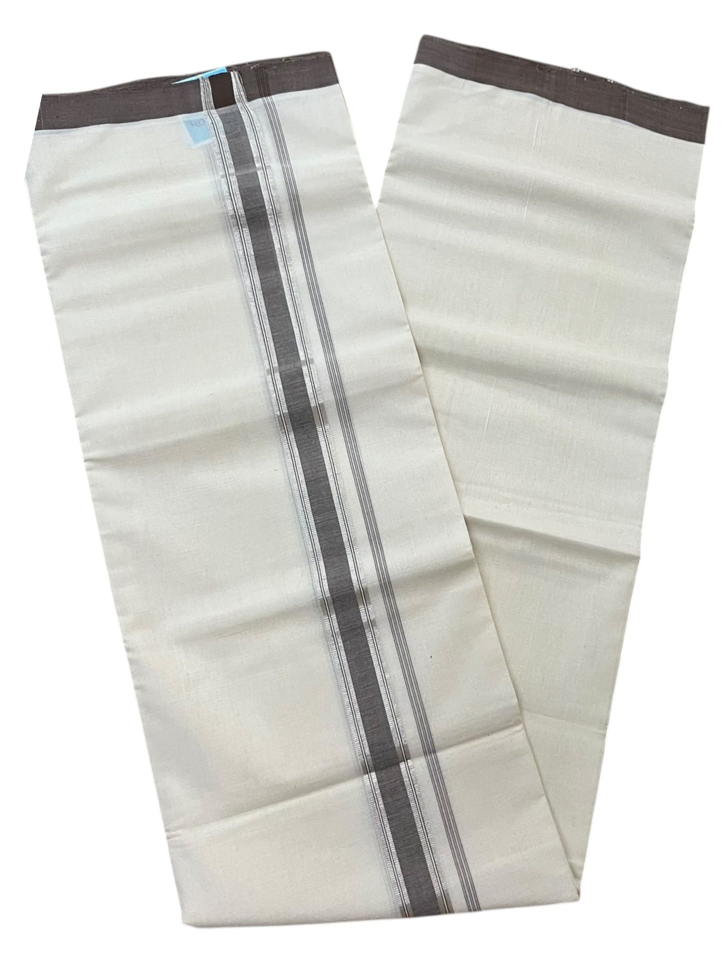 Southloom Balaramapuram Unakkupaavu Premium Handloom Cotton Double Mundu with Silver Lines and Brown Border