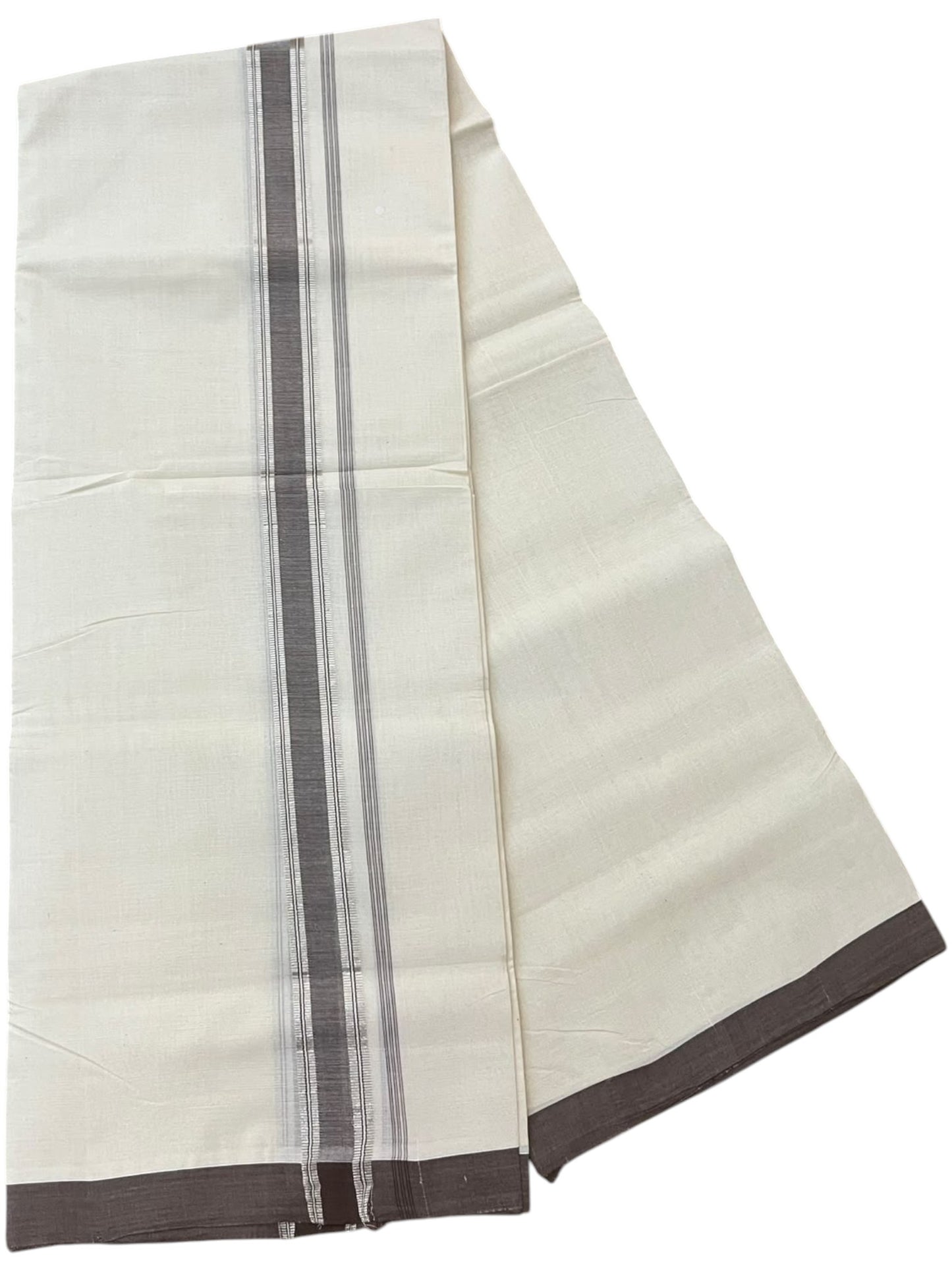 Southloom Balaramapuram Unakkupaavu Premium Handloom Cotton Double Mundu with Silver Lines and Brown Border