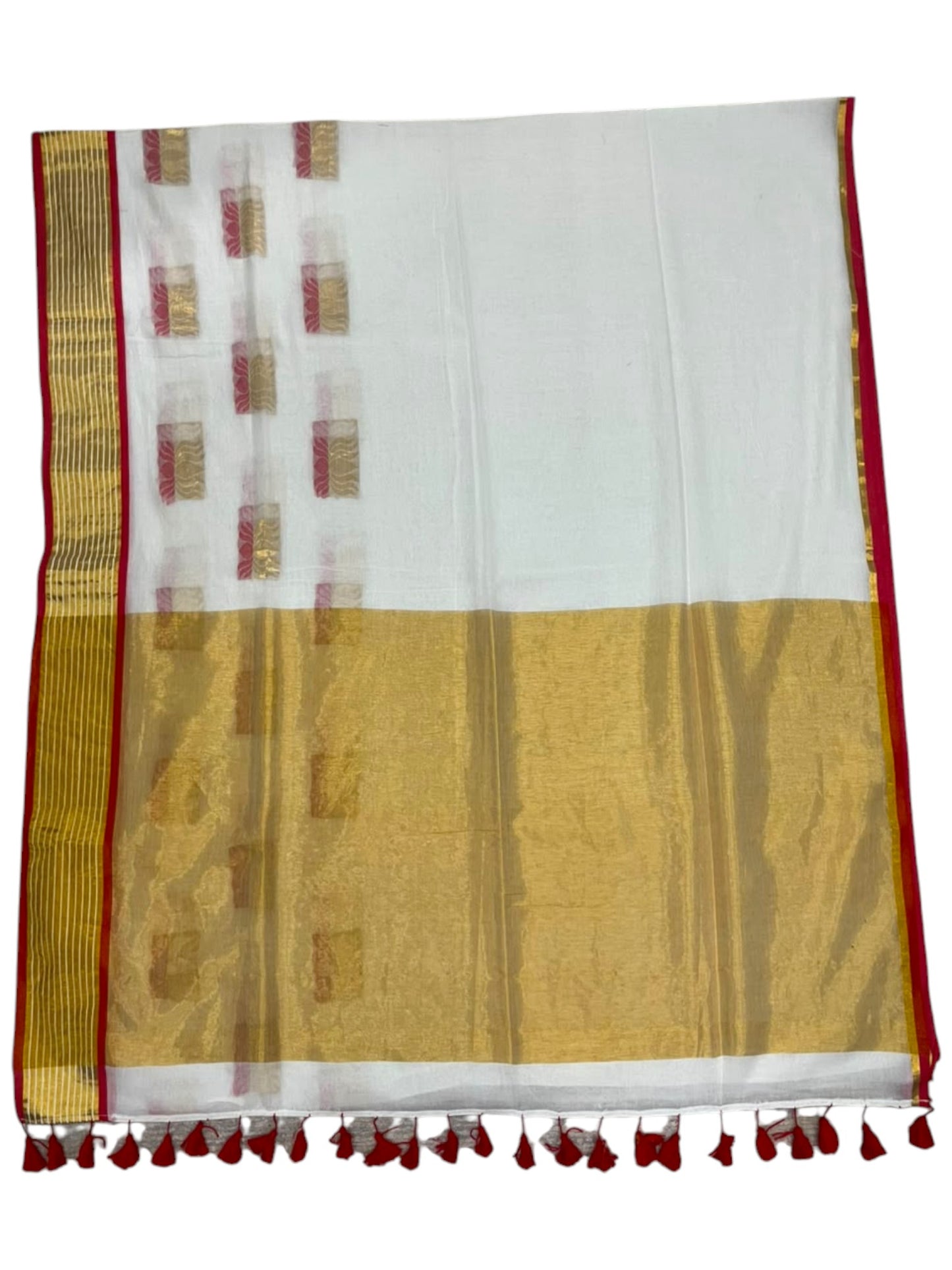 Southloom Mul Cotton 120 x 120 Soft Fabric Saree In Lotus Design on Body with Gold& Red in Border SL215