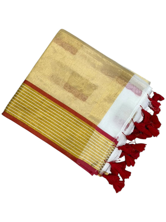 Southloom Mul Cotton 120 x 120 Soft Fabric Saree In Lotus Design on Body with Gold& Red in Border SL215