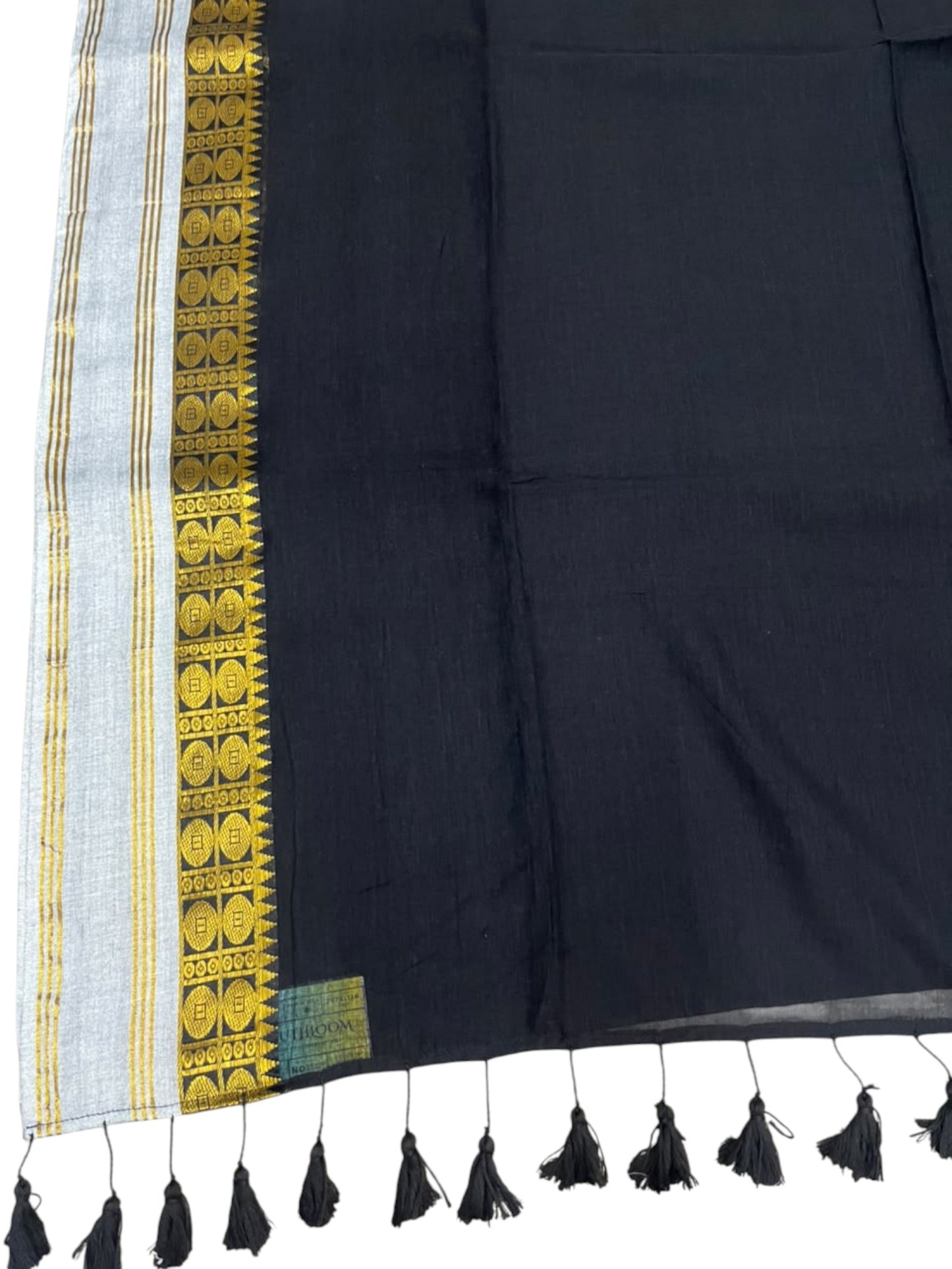 Southloom Mul Cotton 120 x 120 Soft Fabric Saree In Black on Body with Gold& Gray in Border SL215