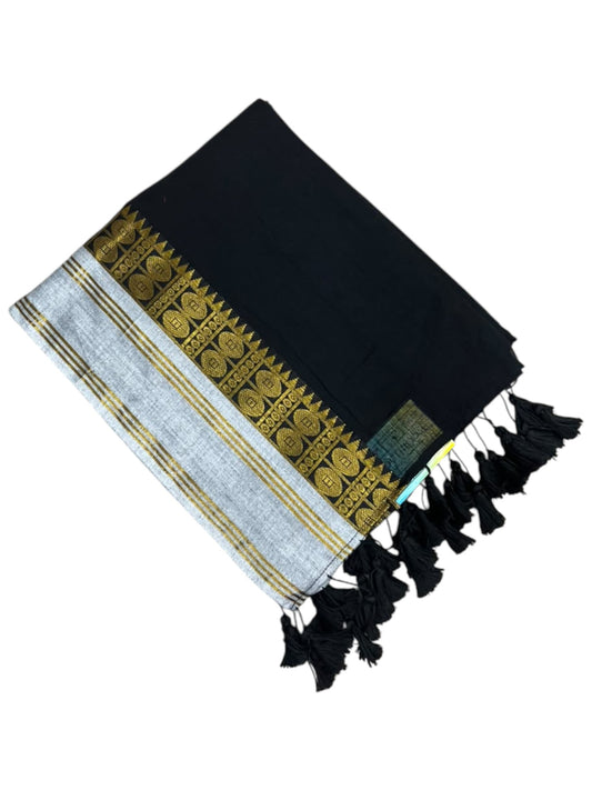 Southloom Mul Cotton 120 x 120 Soft Fabric Saree In Black on Body with Gold& Gray in Border SL215