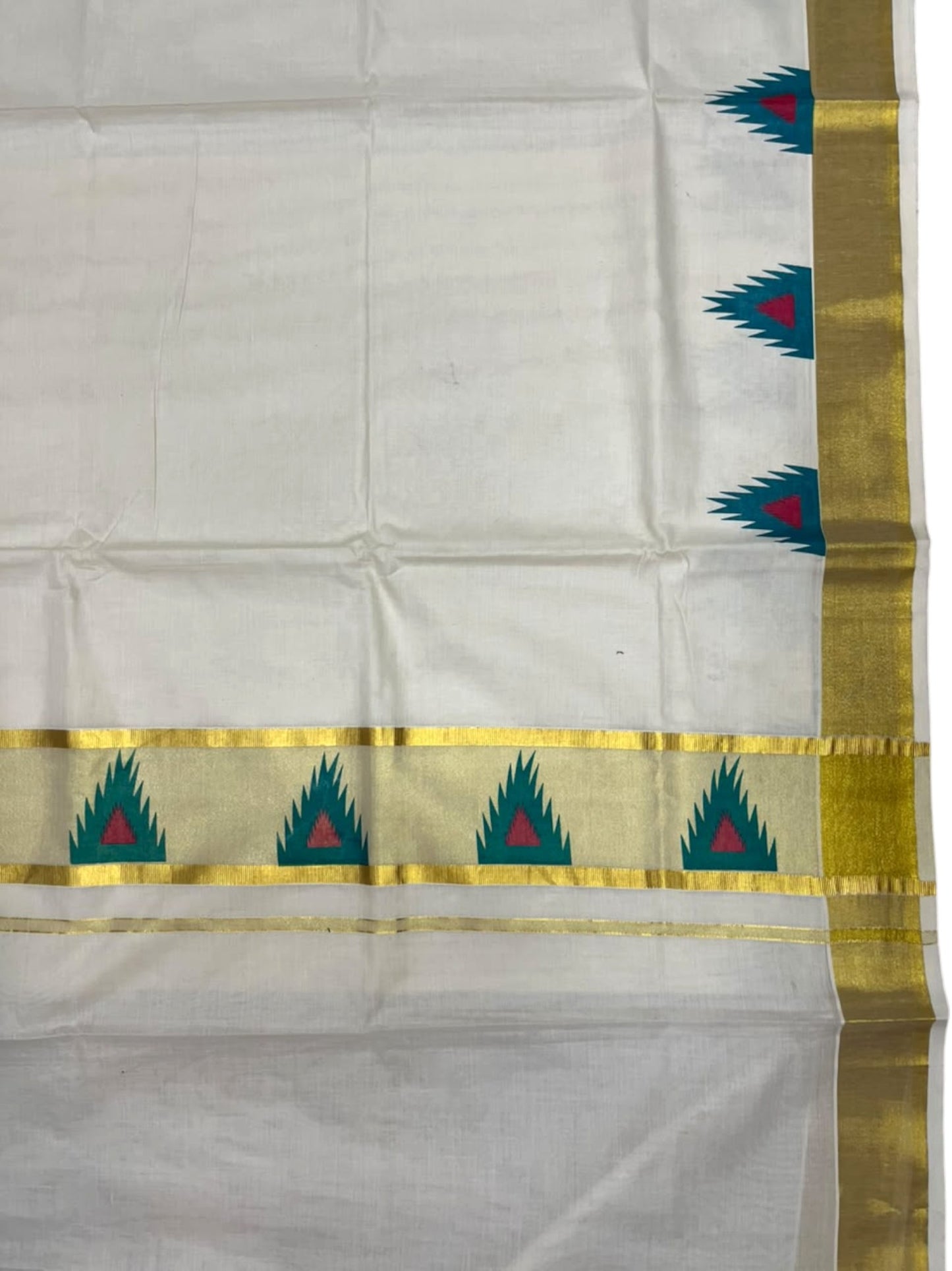 Southloom Cotton Kerala Kasavu Saree with Temple Digital Print In Blue and pink  With  Borders SL369