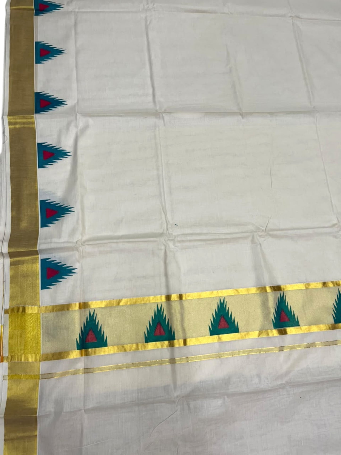 Southloom Cotton Kerala Kasavu Saree with Temple Digital Print In Blue and pink  With  Borders SL369