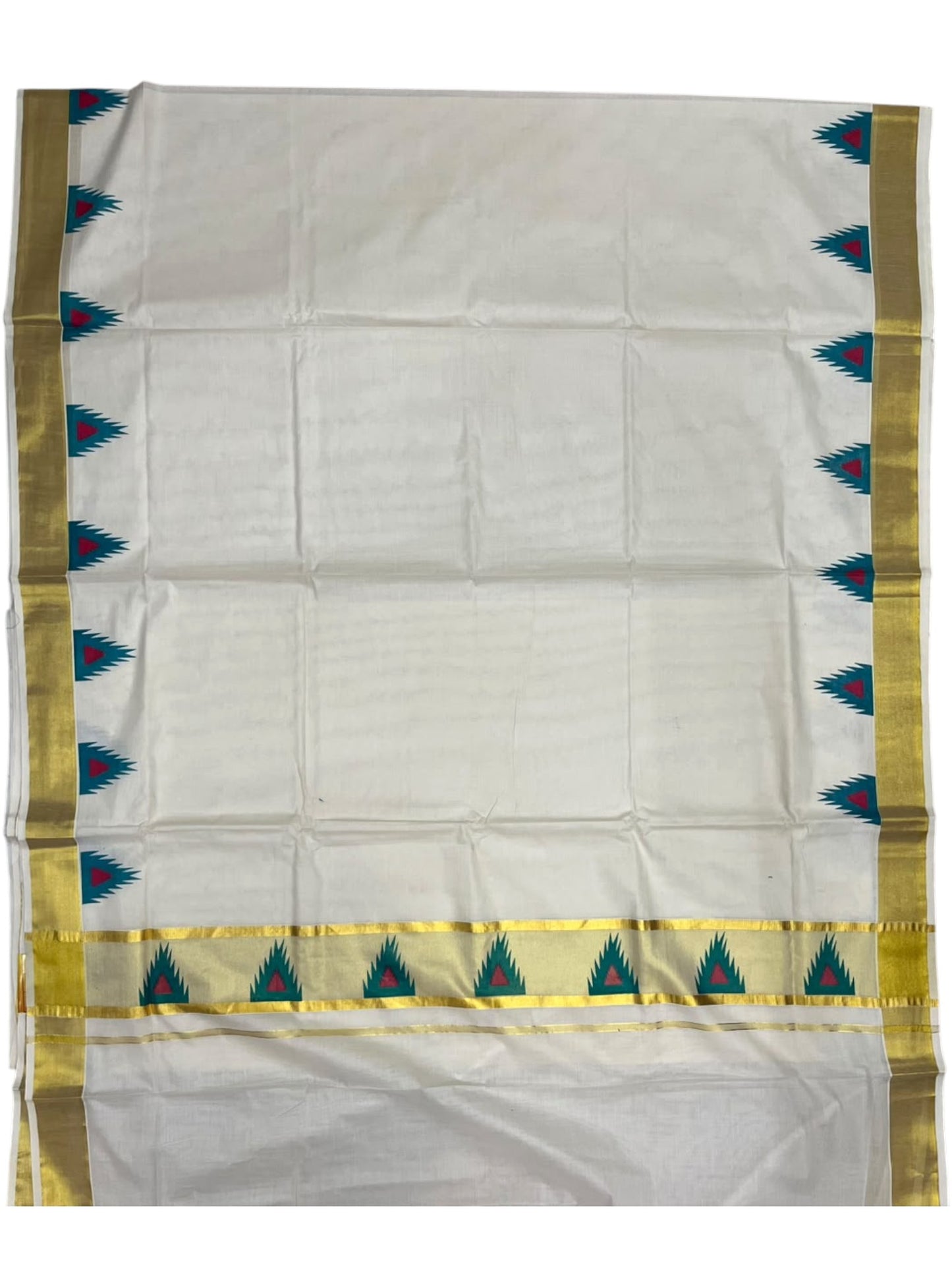 Southloom Cotton Kerala Kasavu Saree with Temple Digital Print In Blue and pink  With  Borders SL369
