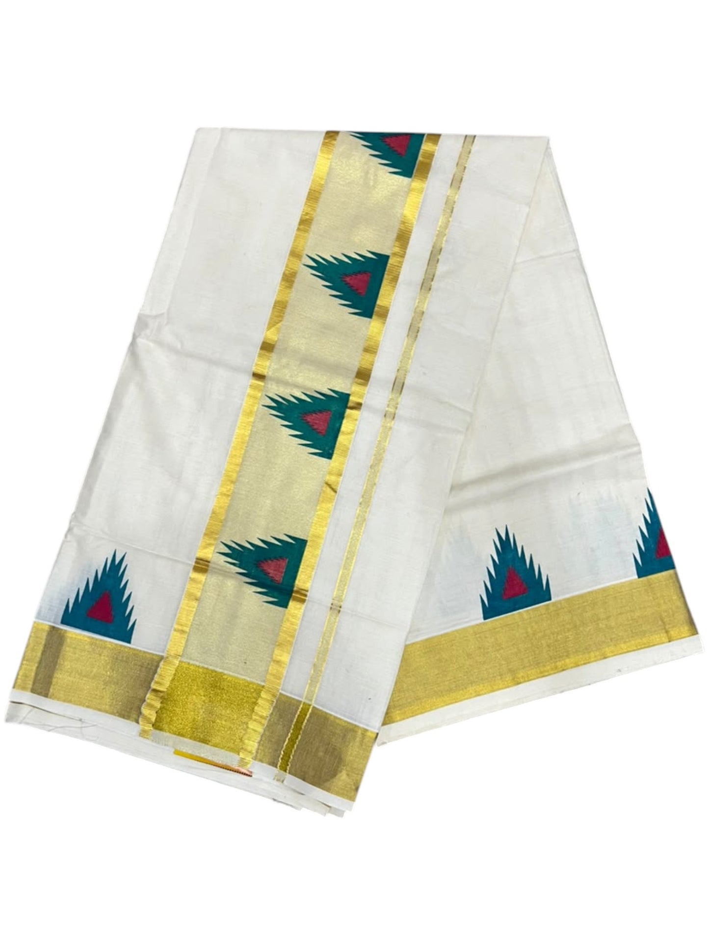 Southloom Cotton Kerala Kasavu Saree with Temple Digital Print In Blue and pink  With  Borders SL369
