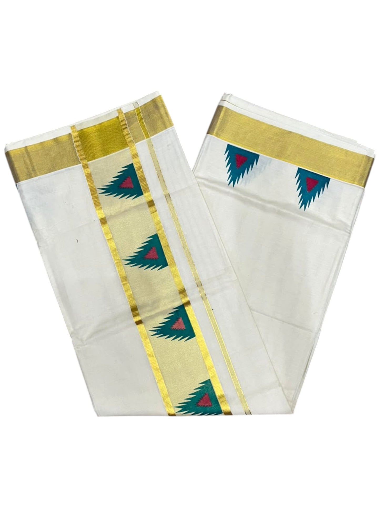 Southloom Cotton Kerala Kasavu Saree with Temple Digital Print In Blue and pink  With  Borders SL369