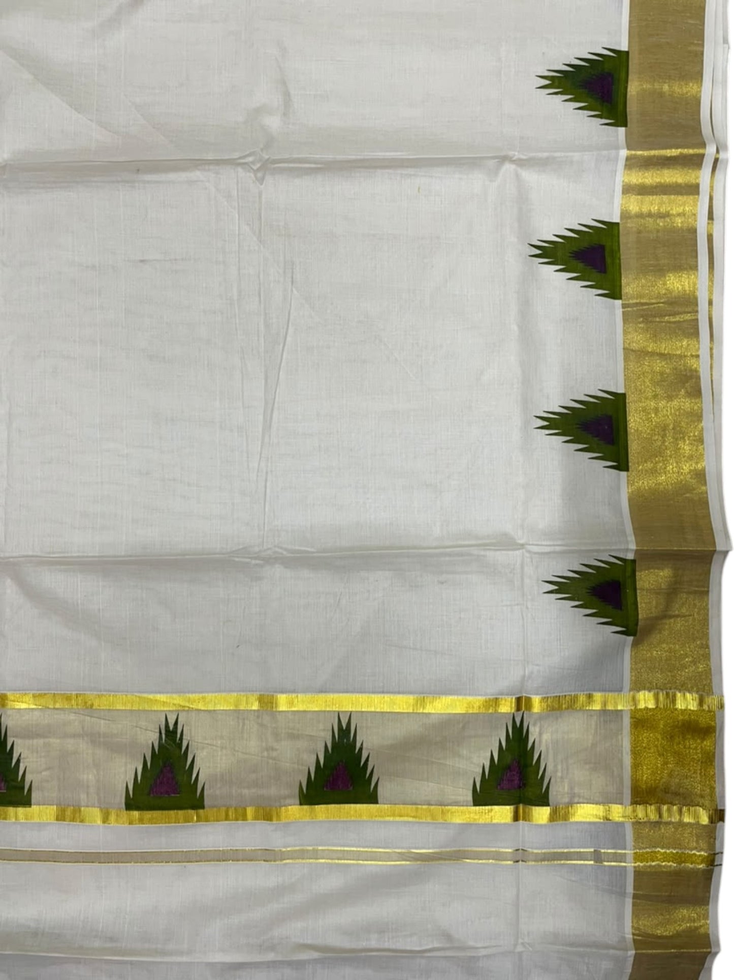 Southloom Cotton Kerala Kasavu Saree with Temple Digital Print In Olive Green and purple With  Borders SL369