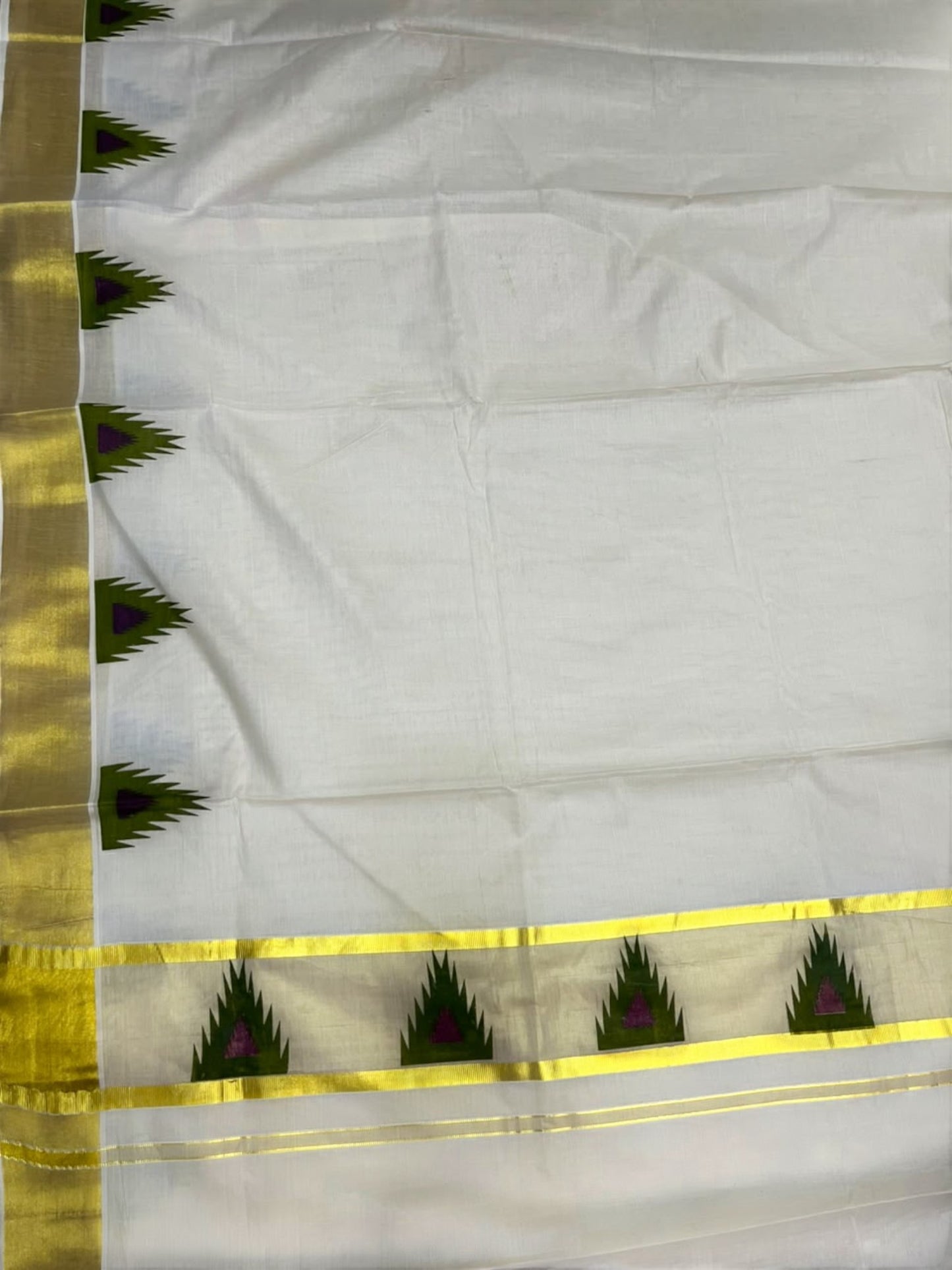Southloom Cotton Kerala Kasavu Saree with Temple Digital Print In Olive Green and purple With  Borders SL369