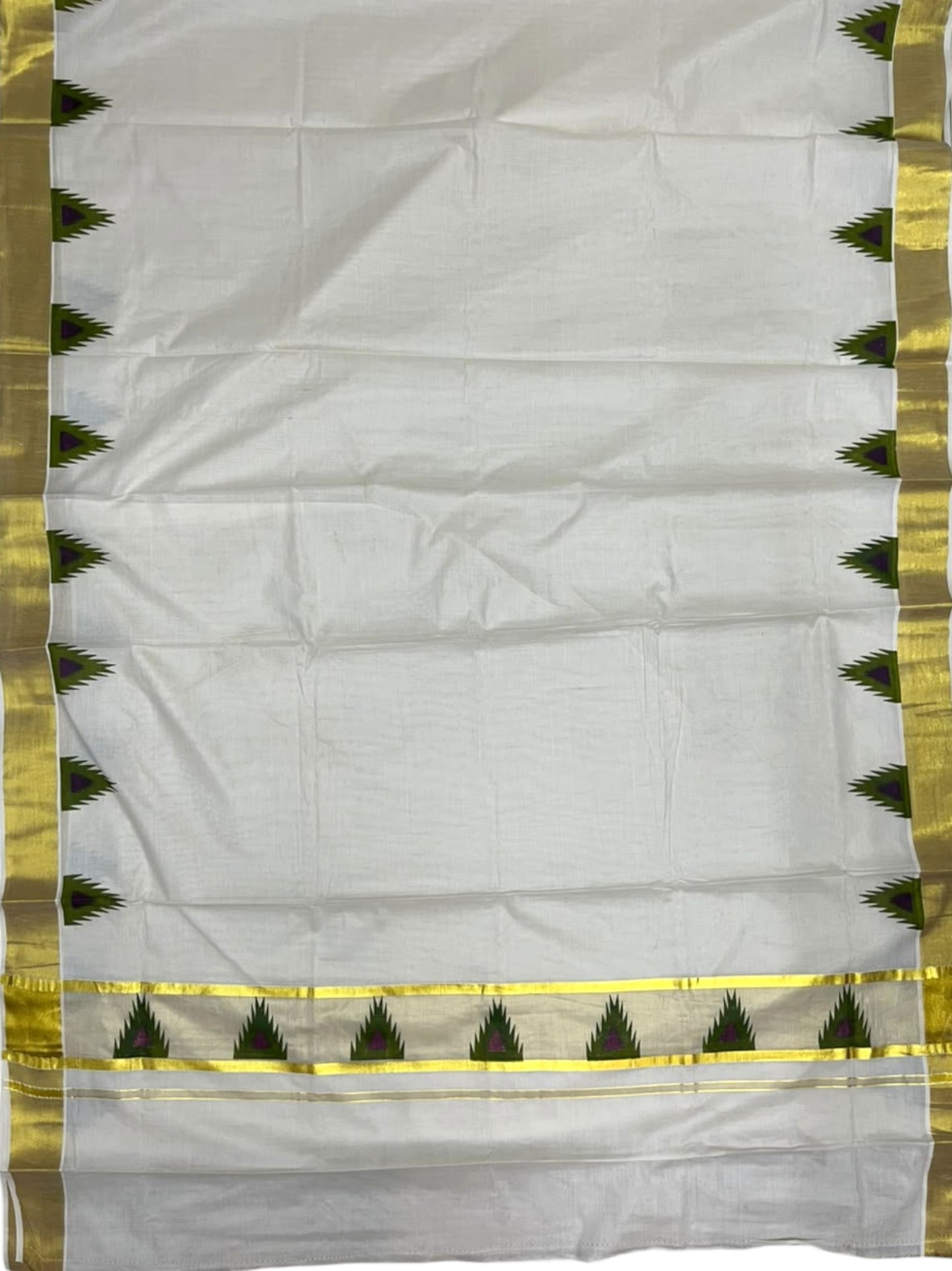 Southloom Cotton Kerala Kasavu Saree with Temple Digital Print In Olive Green and purple With  Borders SL369