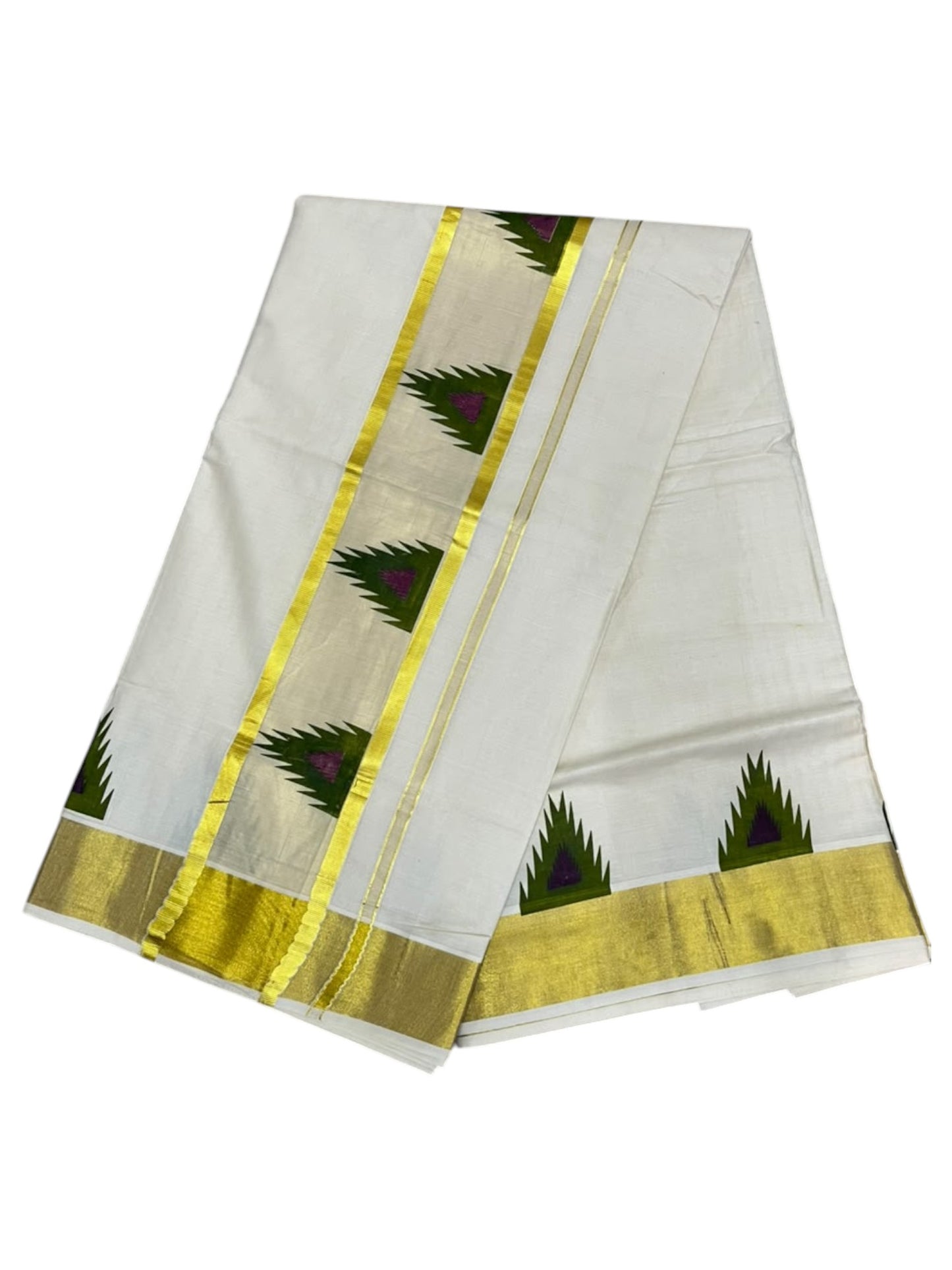 Southloom Cotton Kerala Kasavu Saree with Temple Digital Print In Olive Green and purple With  Borders SL369