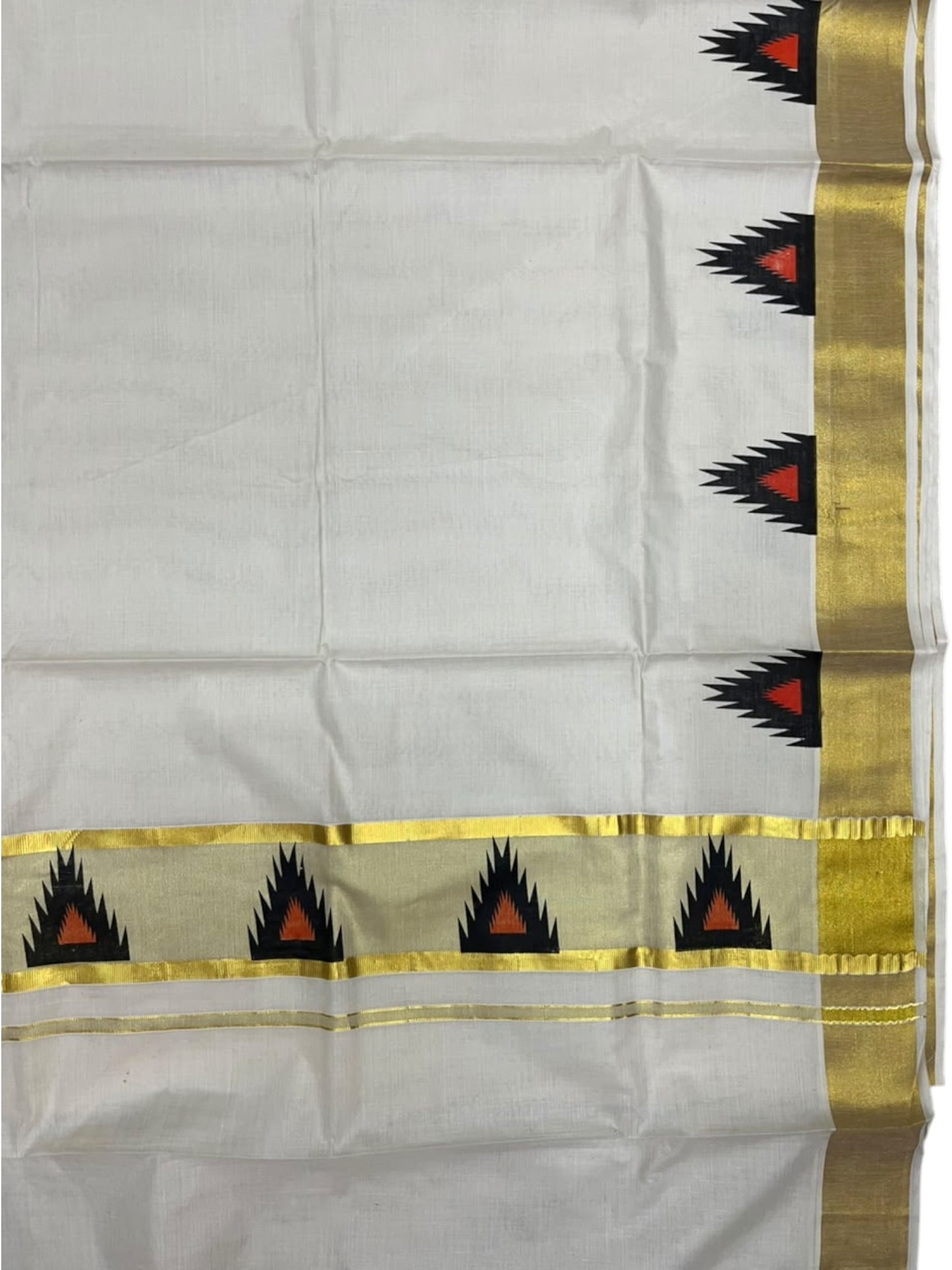Southloom Cotton Kerala Kasavu Saree with Temple Digital Print In Black and Orange  With  Borders  SL369