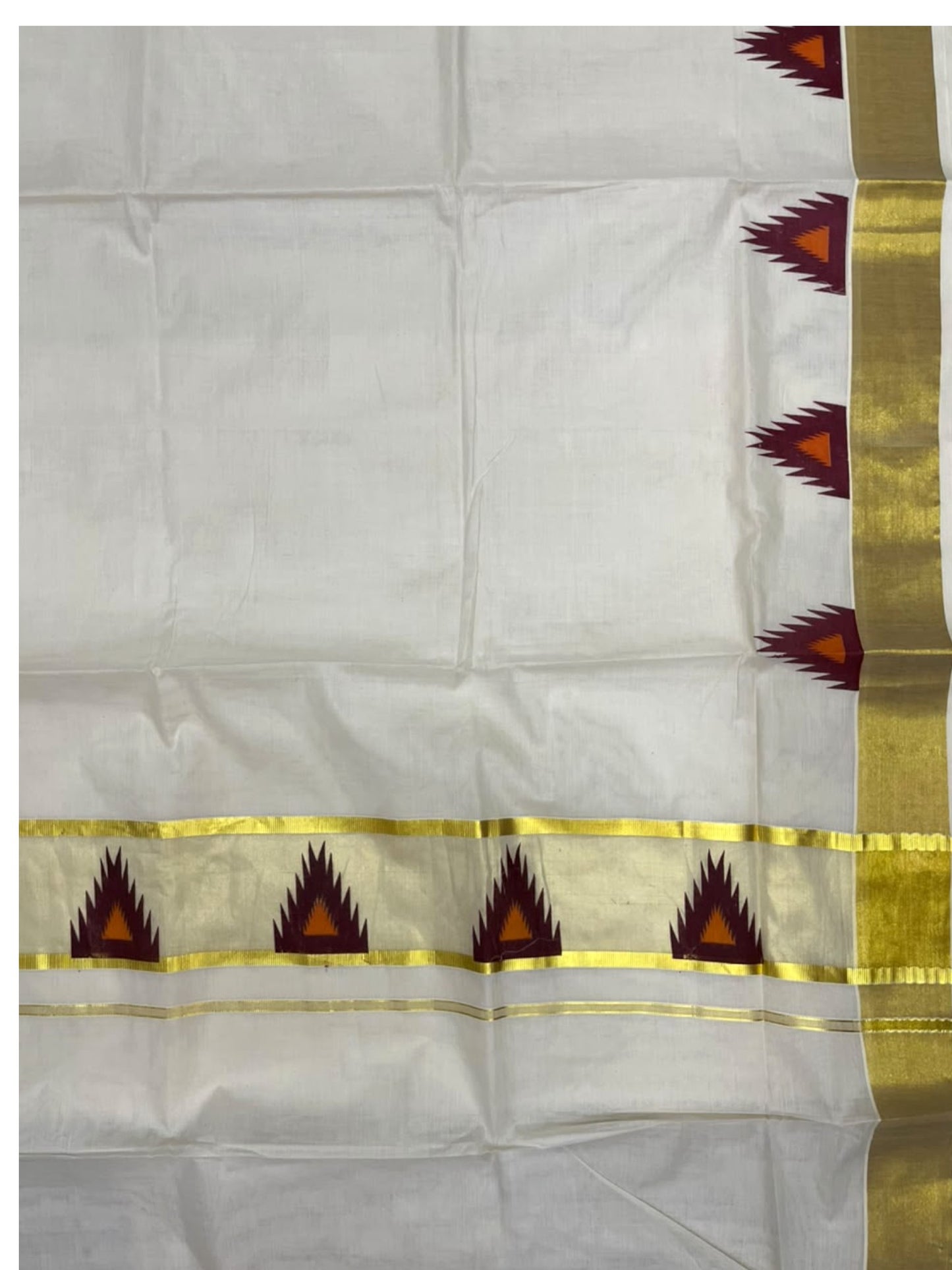 Southloom Cotton Kerala Kasavu Saree with Temple Digital Print In Marron and Orange  With  Borders  SL369