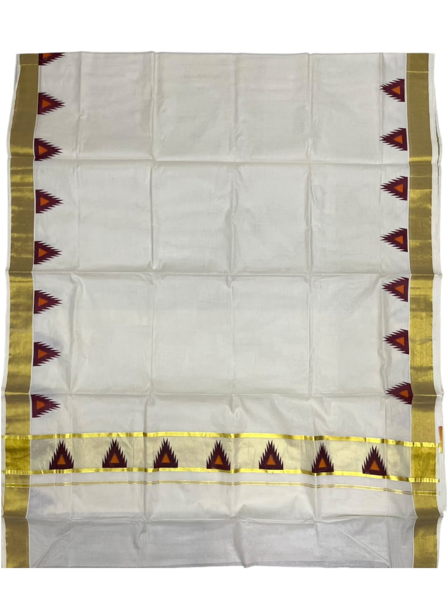 Southloom Cotton Kerala Kasavu Saree with Temple Digital Print In Marron and Orange  With  Borders  SL369