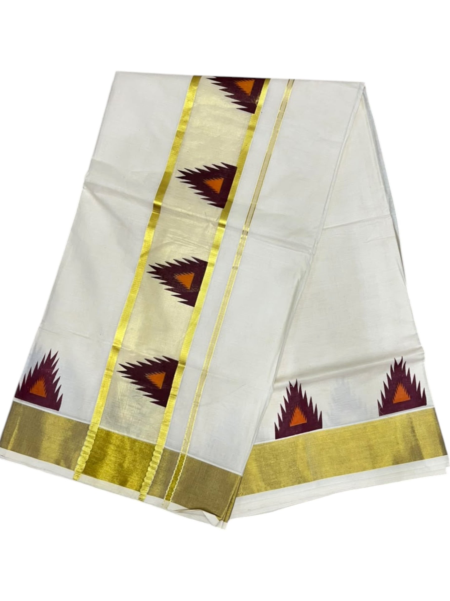 Southloom Cotton Kerala Kasavu Saree with Temple Digital Print In Marron and Orange  With  Borders  SL369