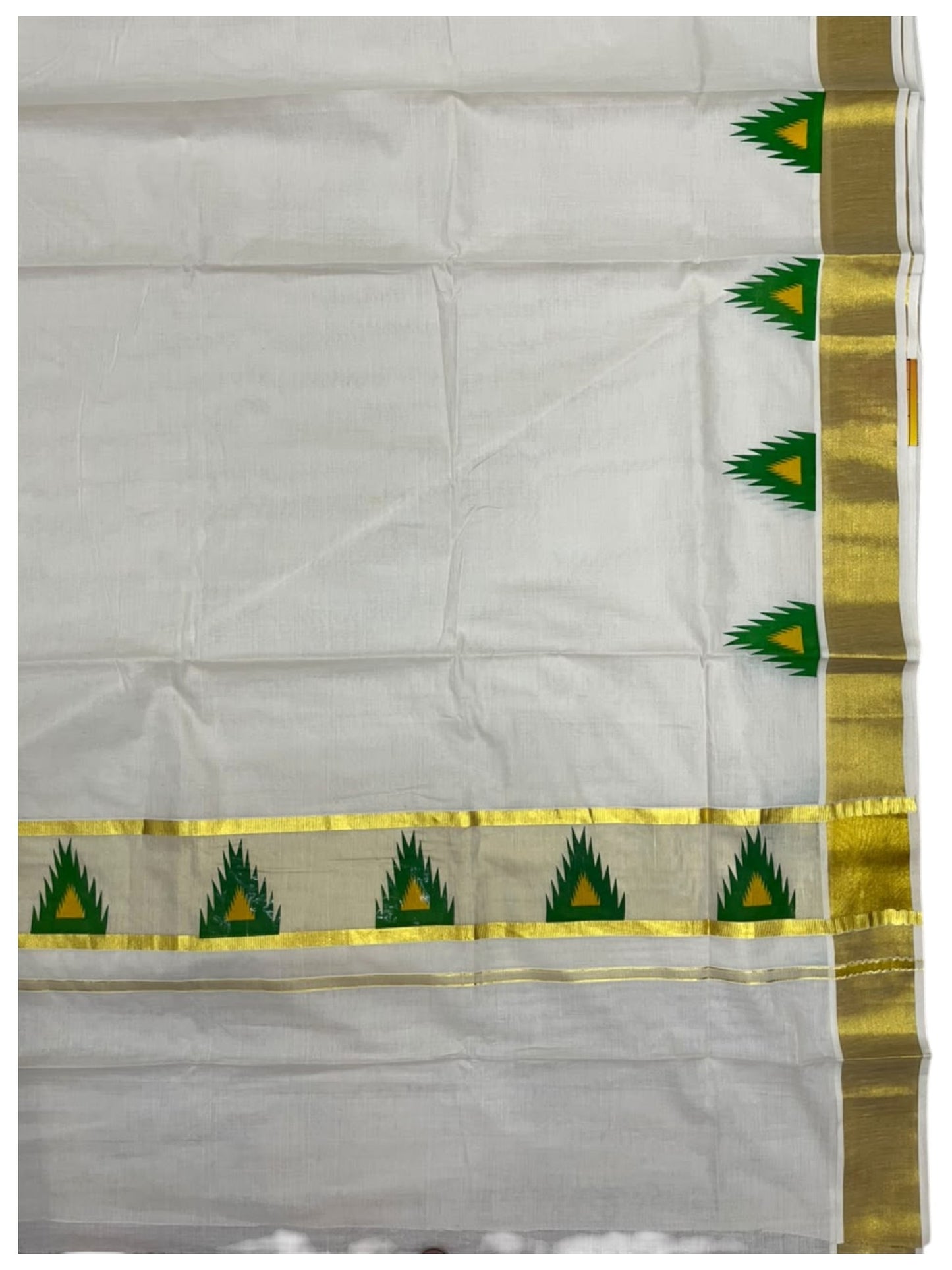 Southloom Cotton Kerala Kasavu Saree with Temple Digital Print In Green and Yellow With Borders  SL369