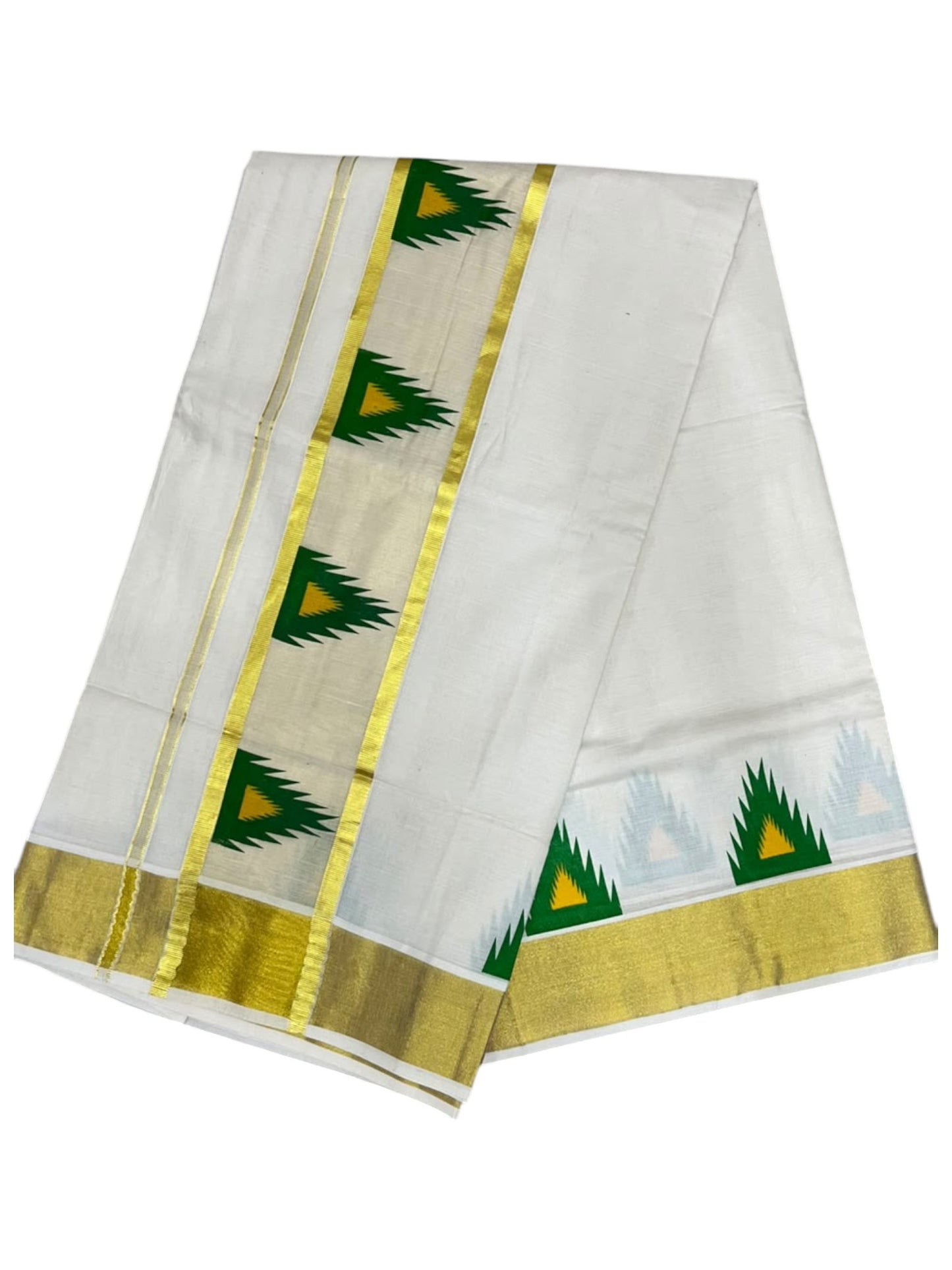 Southloom Cotton Kerala Kasavu Saree with Temple Digital Print In Green and Yellow With Borders  SL369