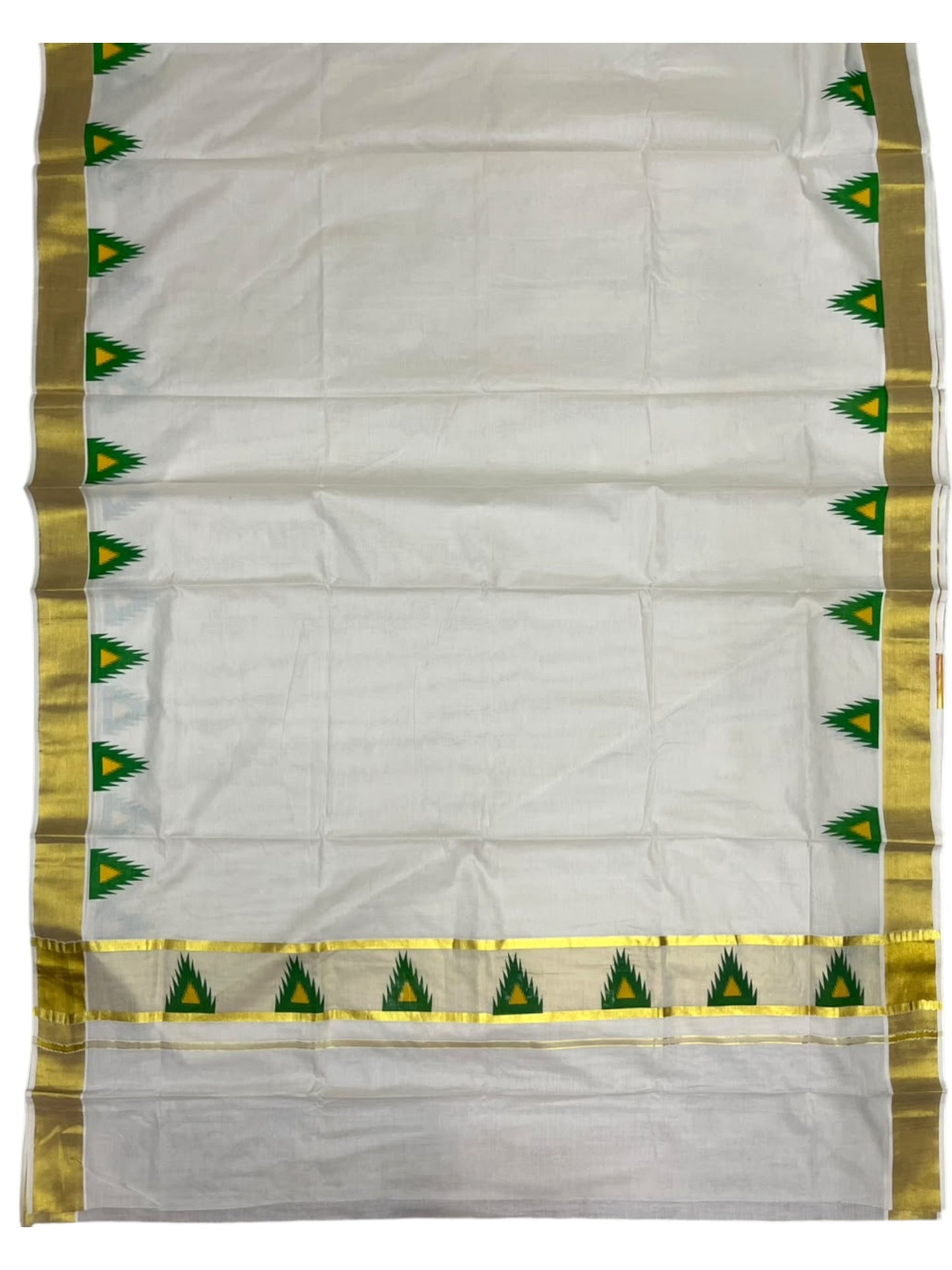 Southloom Cotton Kerala Kasavu Saree with Temple Digital Print In Green and Yellow With Borders  SL369
