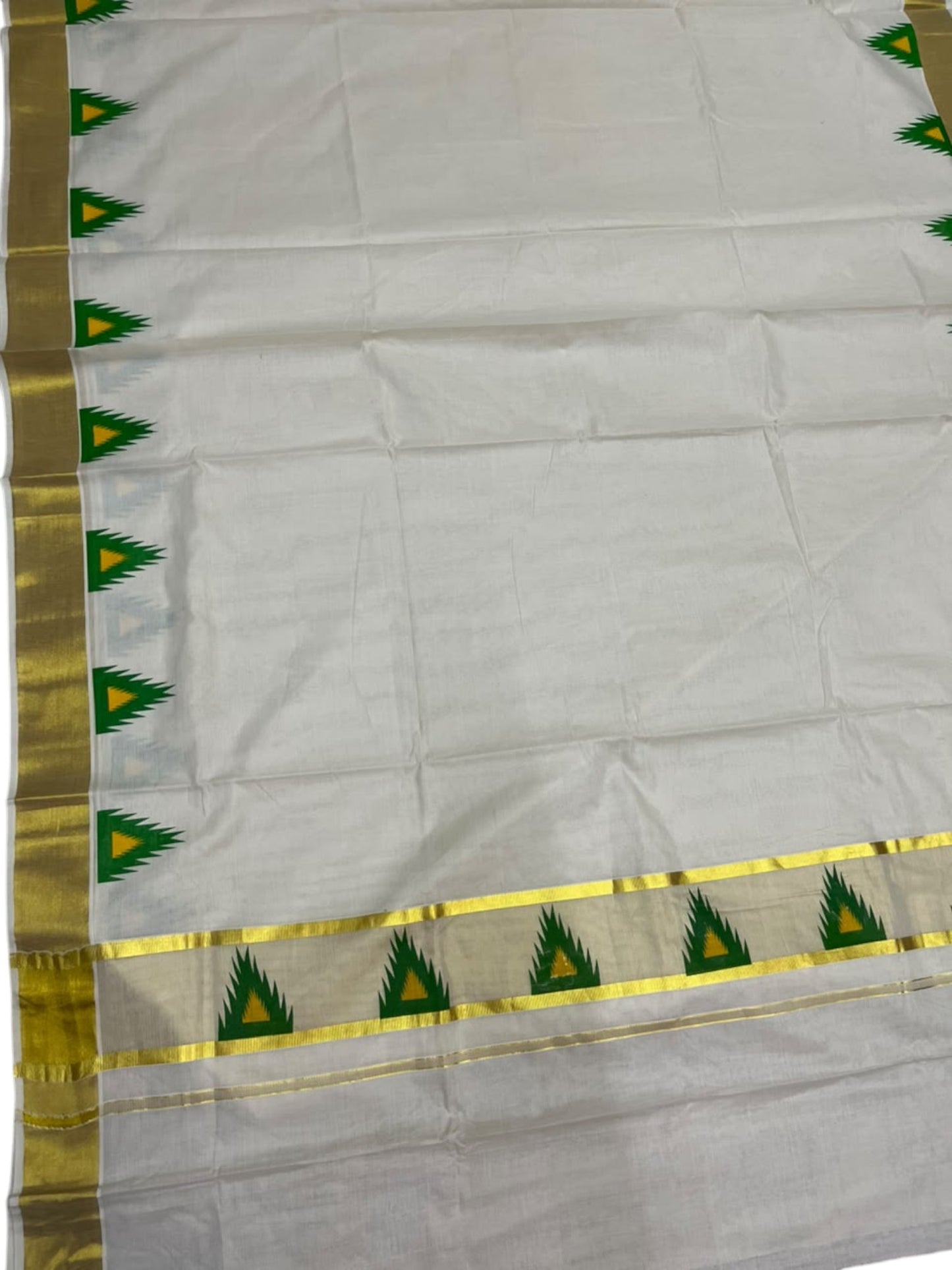 Southloom Cotton Kerala Kasavu Saree with Temple Digital Print In Green and Yellow With Borders  SL369