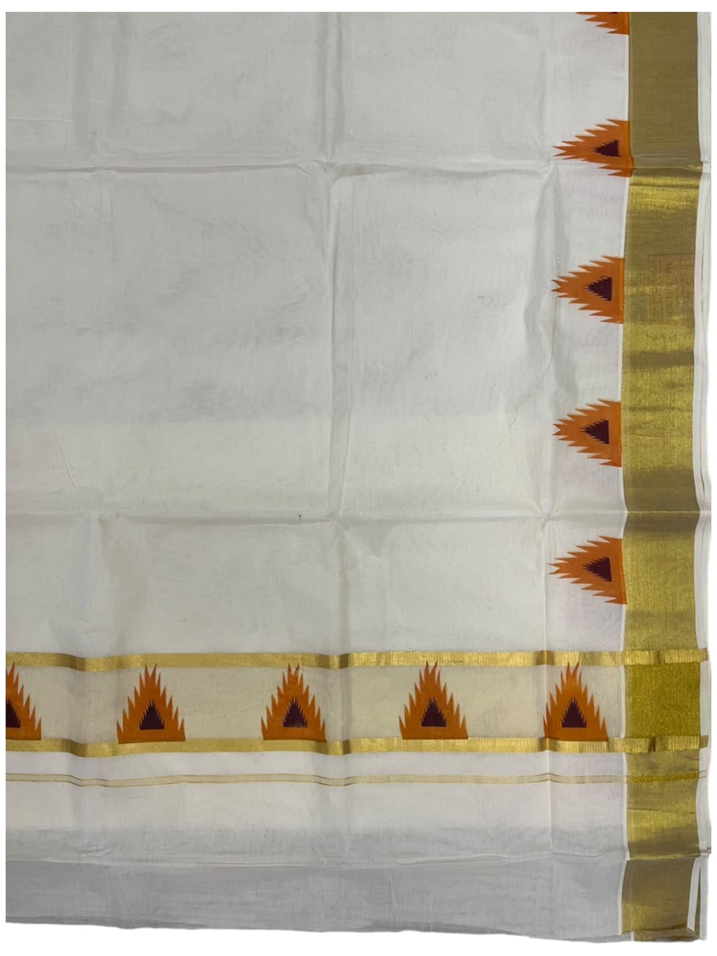 Southloom Cotton Kerala Kasavu Saree with Temple Digital Print In Orange and Maroon With Borders  SL369