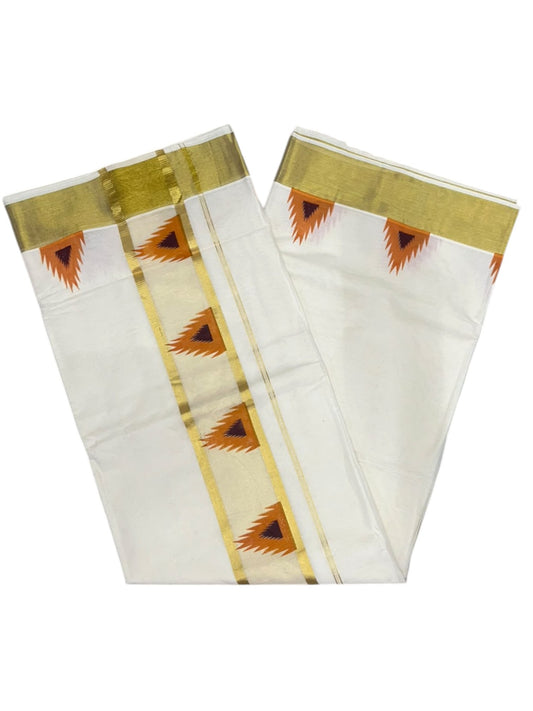 Southloom Cotton Kerala Kasavu Saree with Temple Digital Print In Orange and Maroon With Borders  SL369
