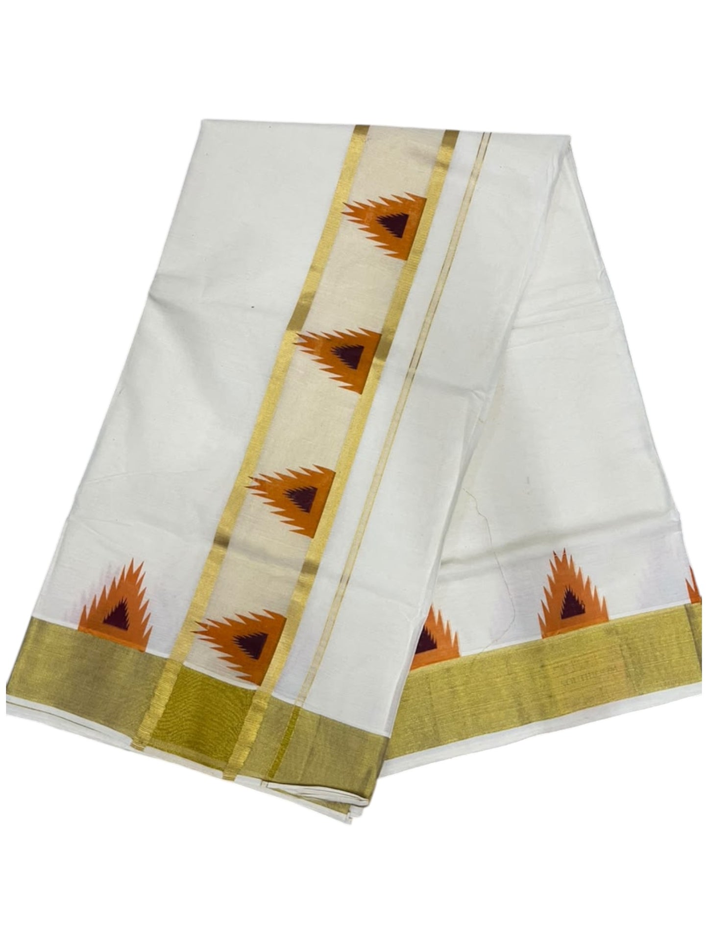 Southloom Cotton Kerala Kasavu Saree with Temple Digital Print In Orange and Maroon With Borders  SL369