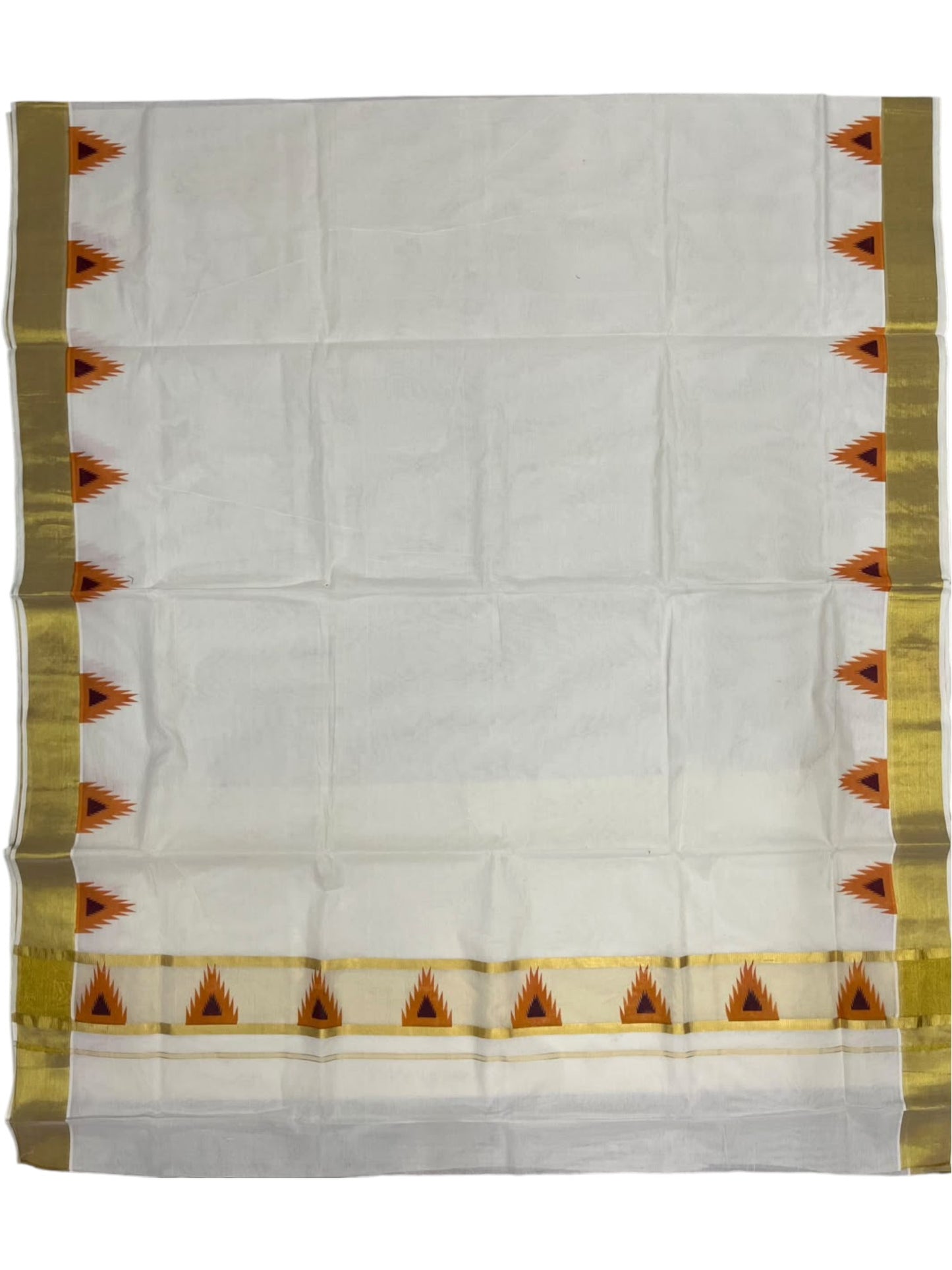 Southloom Cotton Kerala Kasavu Saree with Temple Digital Print In Orange and Maroon With Borders  SL369