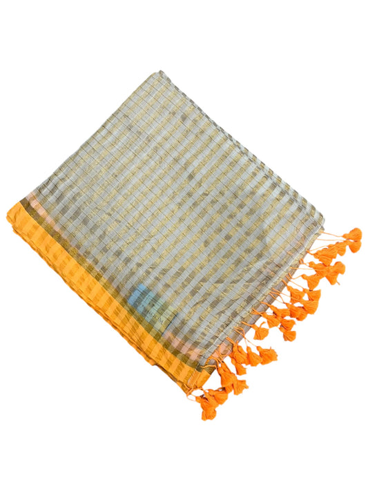 Southloom Mul Cotton 120 x 120 Soft Fabric Saree with Golden Check Design on Body &Yelow Border SL215