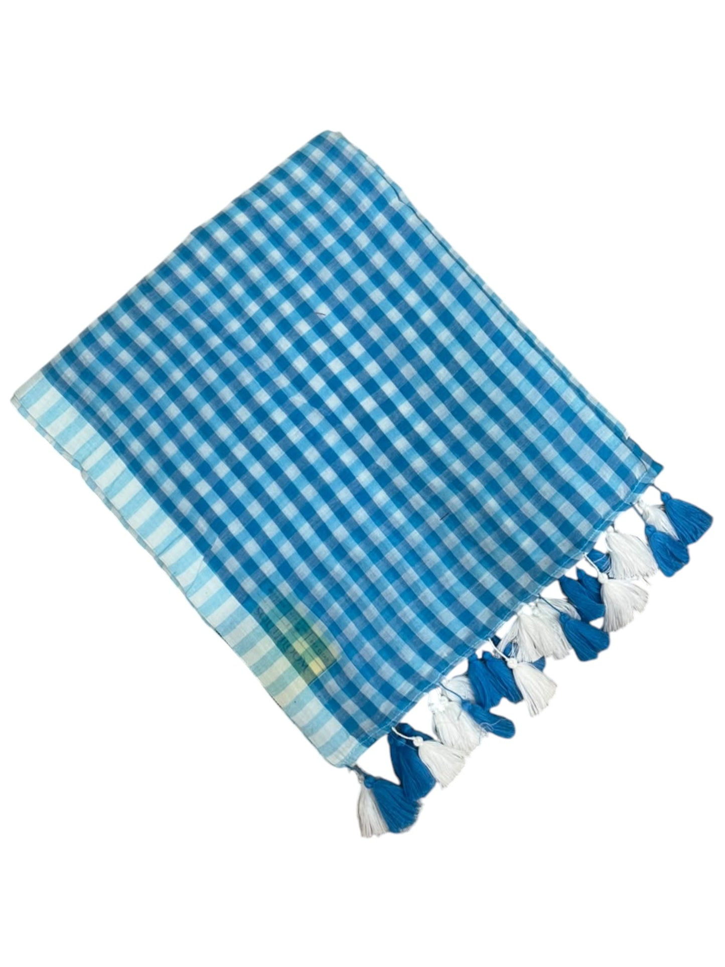 Southloom Mul Cotton 120 x 120 Soft Fabric Saree with Blue Check Desgin in Body SL215