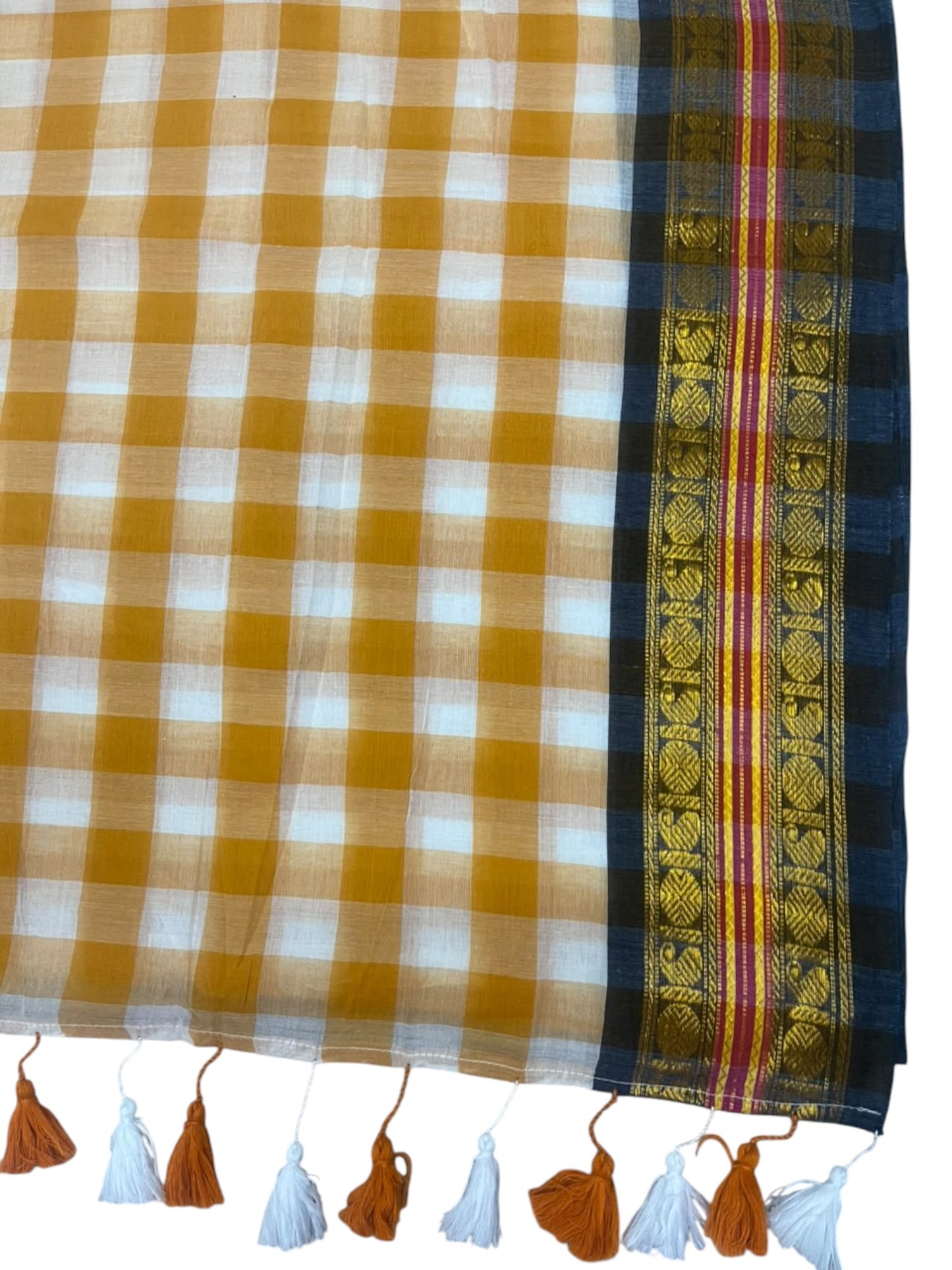 Southloom Mul Cotton 120 x 120 Soft Fabric Saree with Yellow Check Desgin in Body SL215