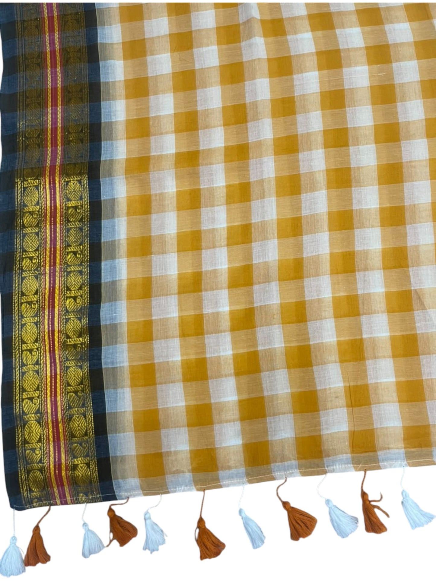 Southloom Mul Cotton 120 x 120 Soft Fabric Saree with Yellow Check Desgin in Body SL215