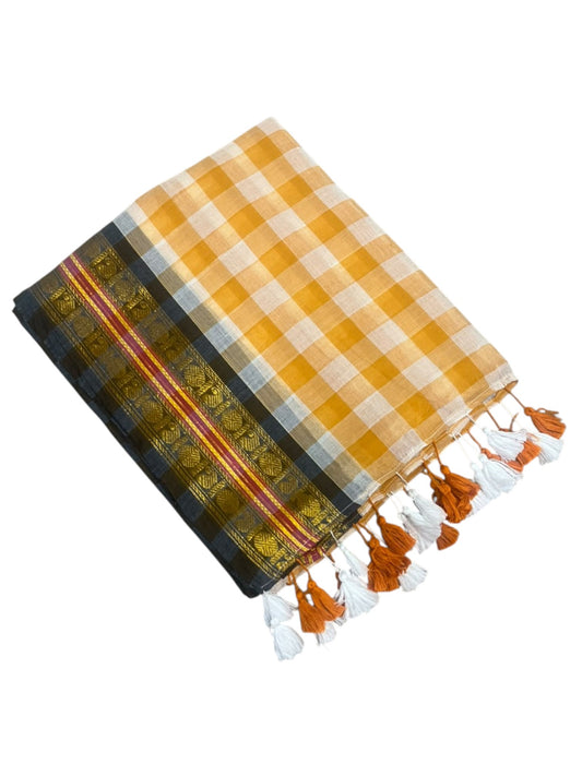 Southloom Mul Cotton 120 x 120 Soft Fabric Saree with Yellow Check Desgin in Body SL215