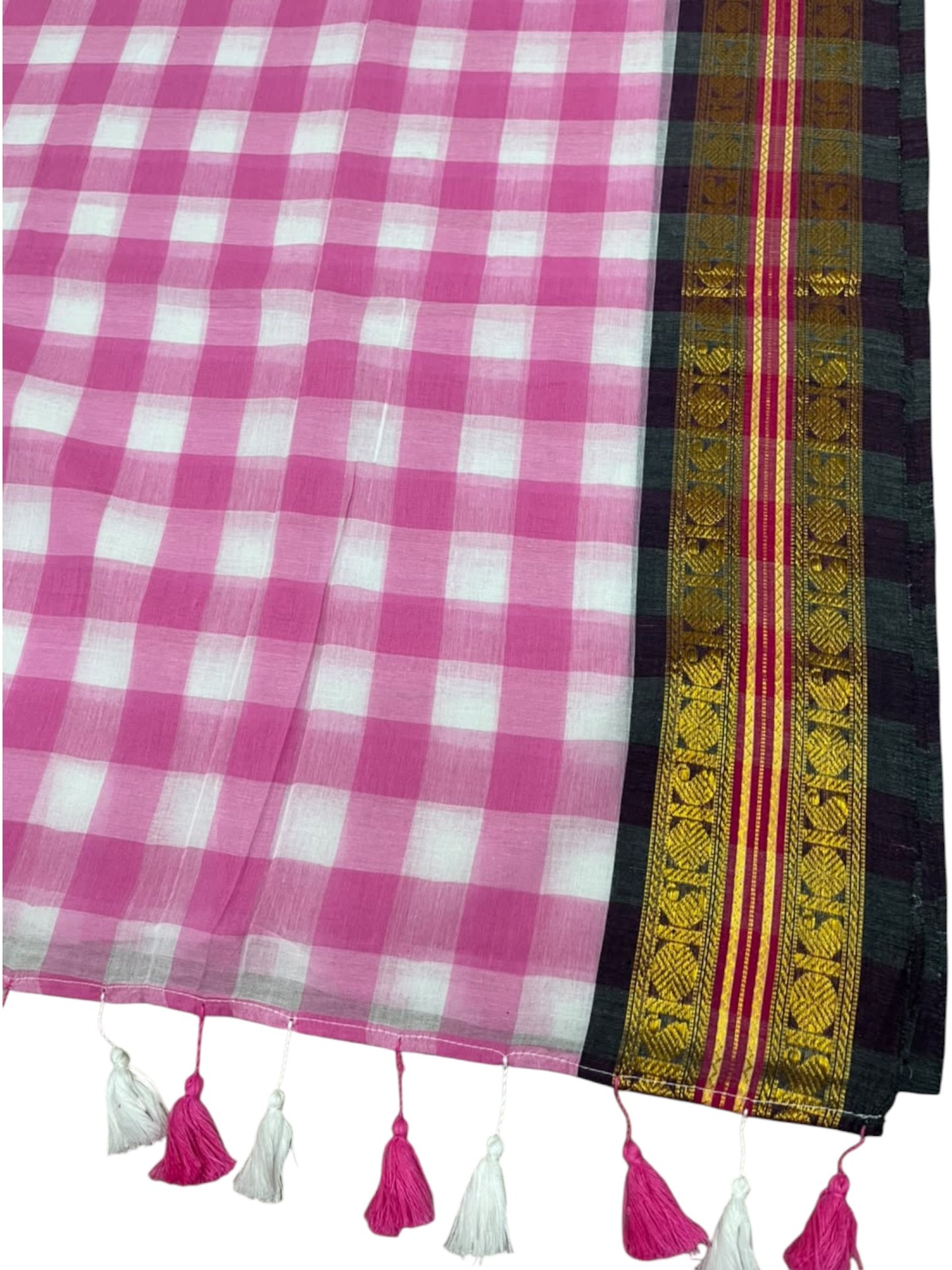 Southloom Mul Cotton 120 x 120 Soft Fabric Saree with Pink Check Desgin in Body SL215