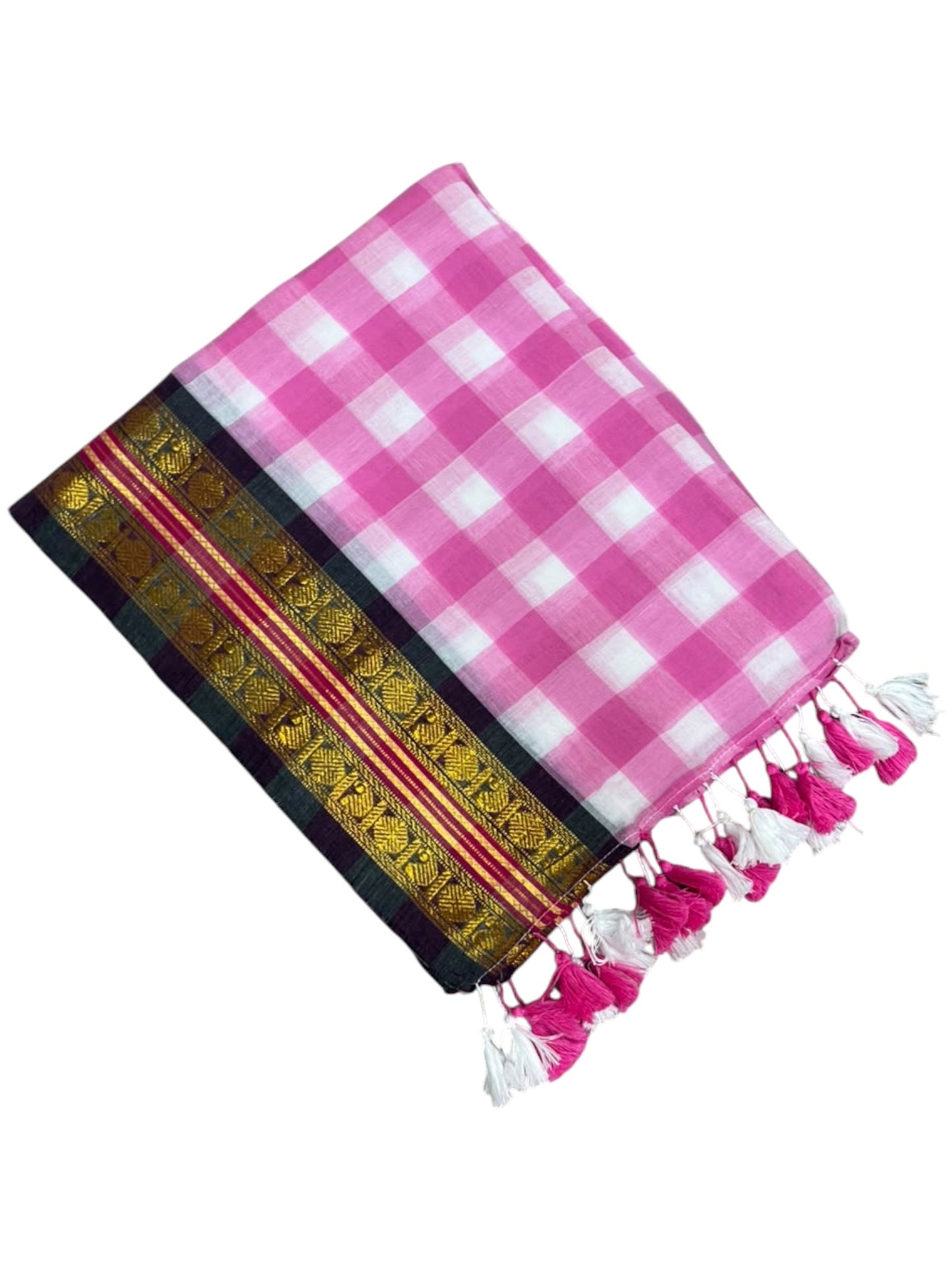 Southloom Mul Cotton 120 x 120 Soft Fabric Saree with Pink Check Desgin in Body SL215